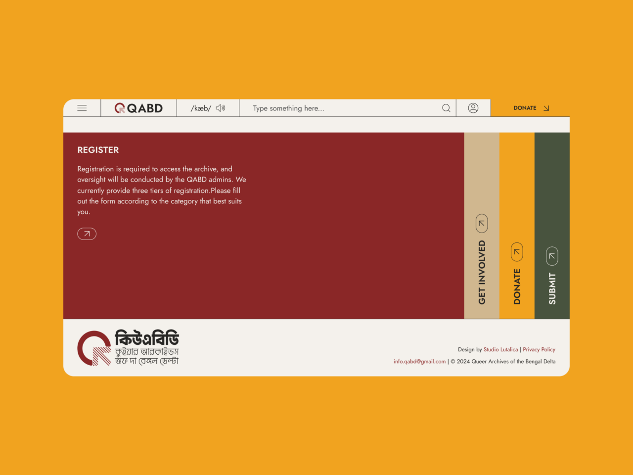 Screenshot of the QABD registration webpage on an orange background. The page displays a header with search and navigation options, a prominent maroon registration section, and vertical tabs in yellow, green, and orange labelled Get Involved, Donate, and Submit.