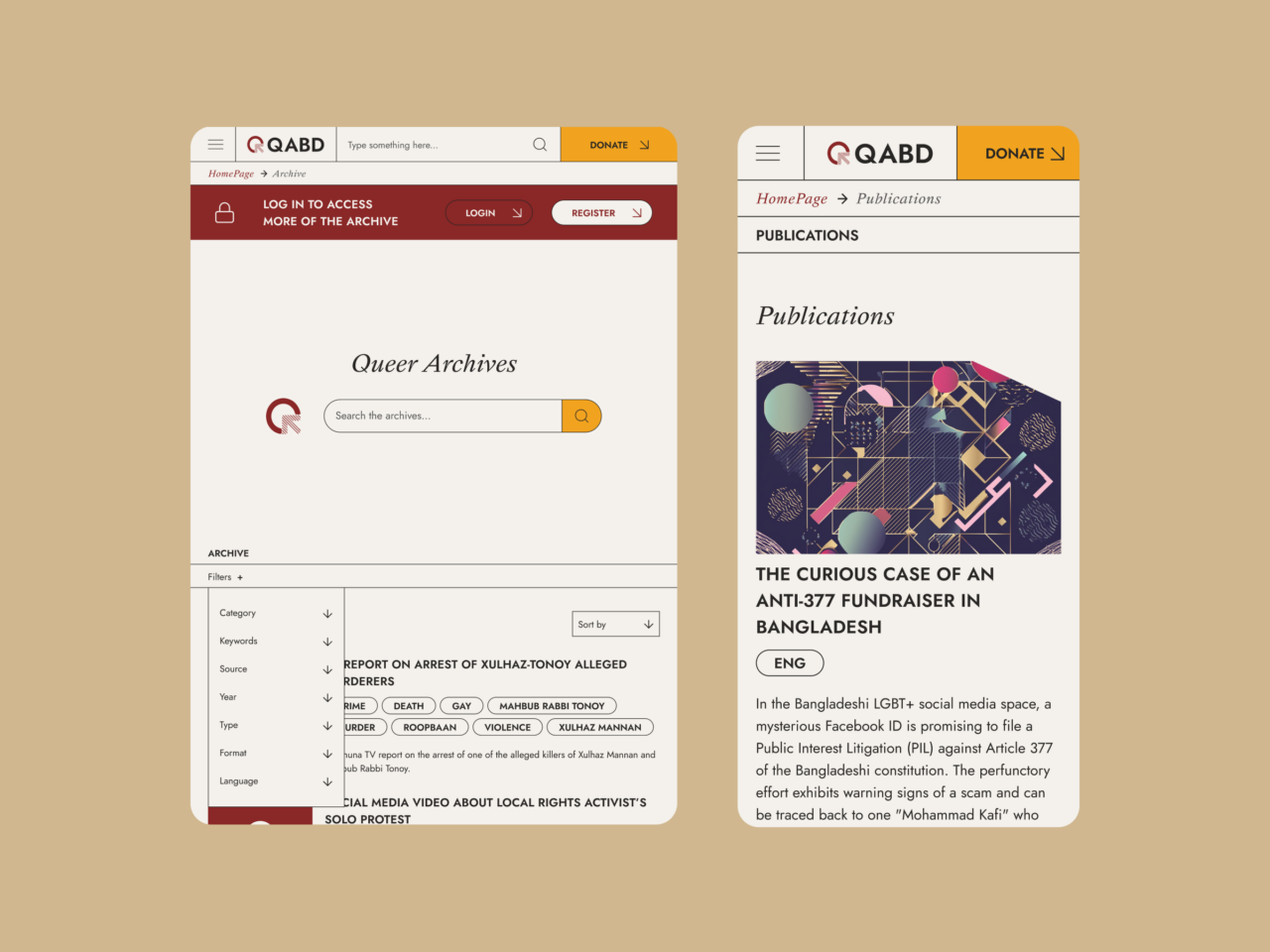 Two smartphone screens display a website interface. The left screen shows a search page titled Queer Archives featuring a search bar and filters. The right screen highlights an article titled The Curious Case of an Anti-377 Fundraiser in Bangladesh.