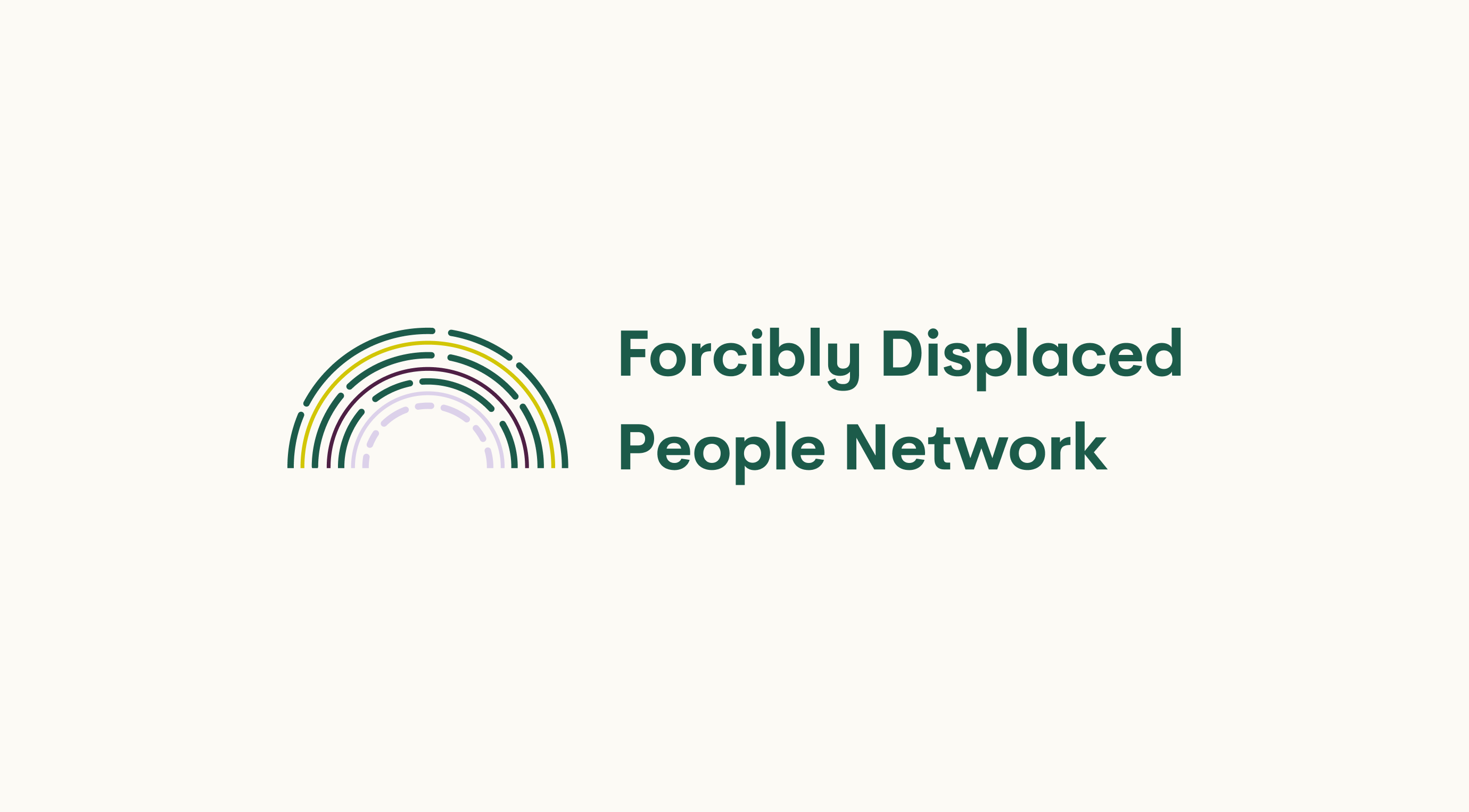 Logo displaying colourful arcs forming a half-circle on the left, representing connection and diversity. To the right, bold green text reads Forcibly Displaced People Network. The background is a light beige shade.