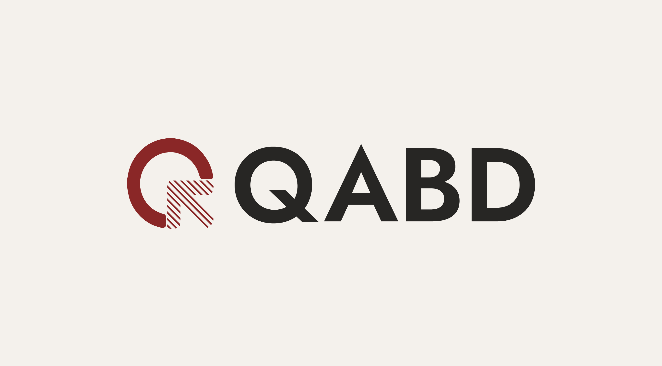 Image displaying the bold black letters QABD alongside a stylised red circular arrow design with diagonal stripes. The background is solid white.