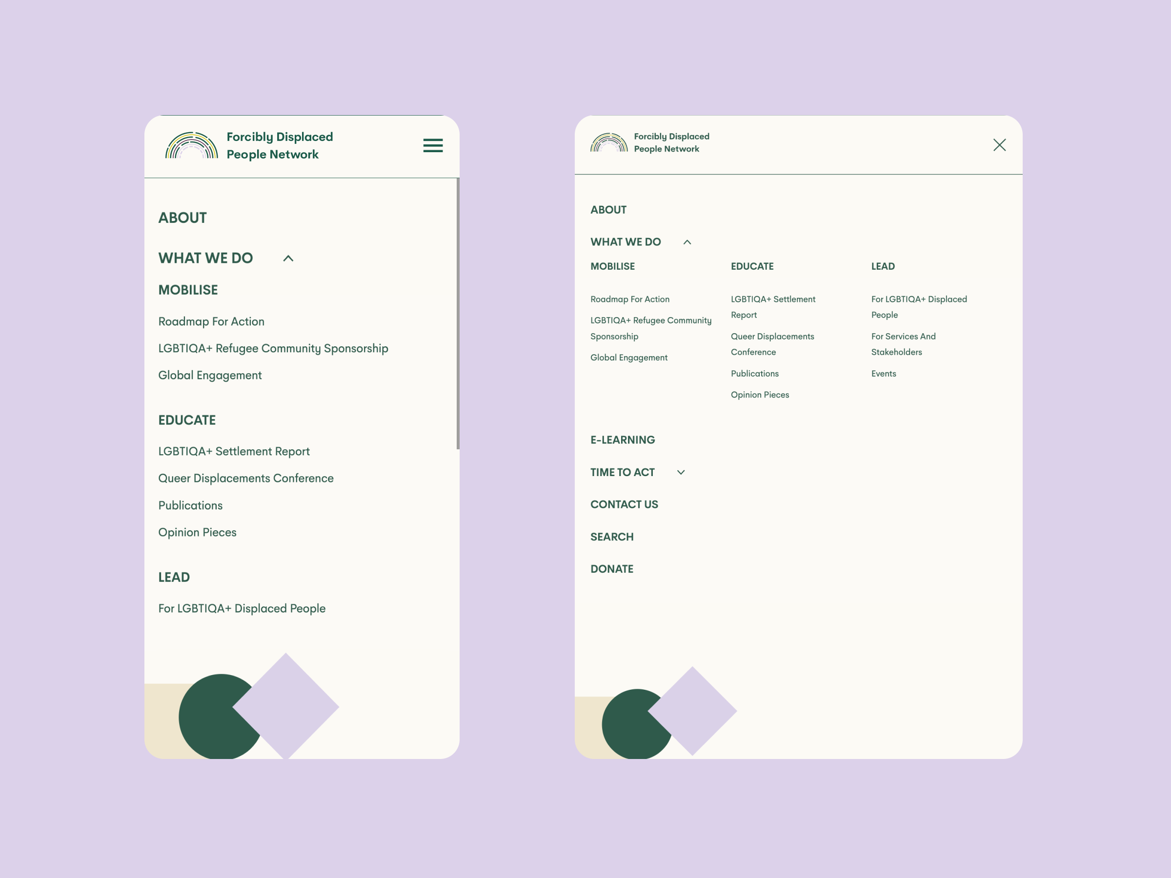 Two smartphone screens showing the navigation menu of the Forcibly Displaced People Network website, featuring sections titled What We Do, Mobilise, Educate, and Lead against a light purple background.