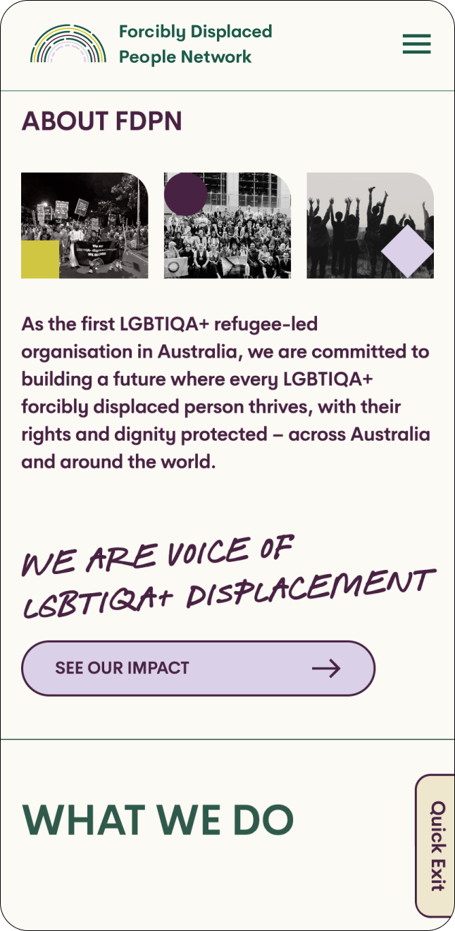 An image from a webpage for the Forcibly Displaced People Network shows individuals raising their hands. The group is an LGBTQIA+ refugee-led organisation in Australia, dedicated to advocating for the rights and dignity of forcibly displaced people.