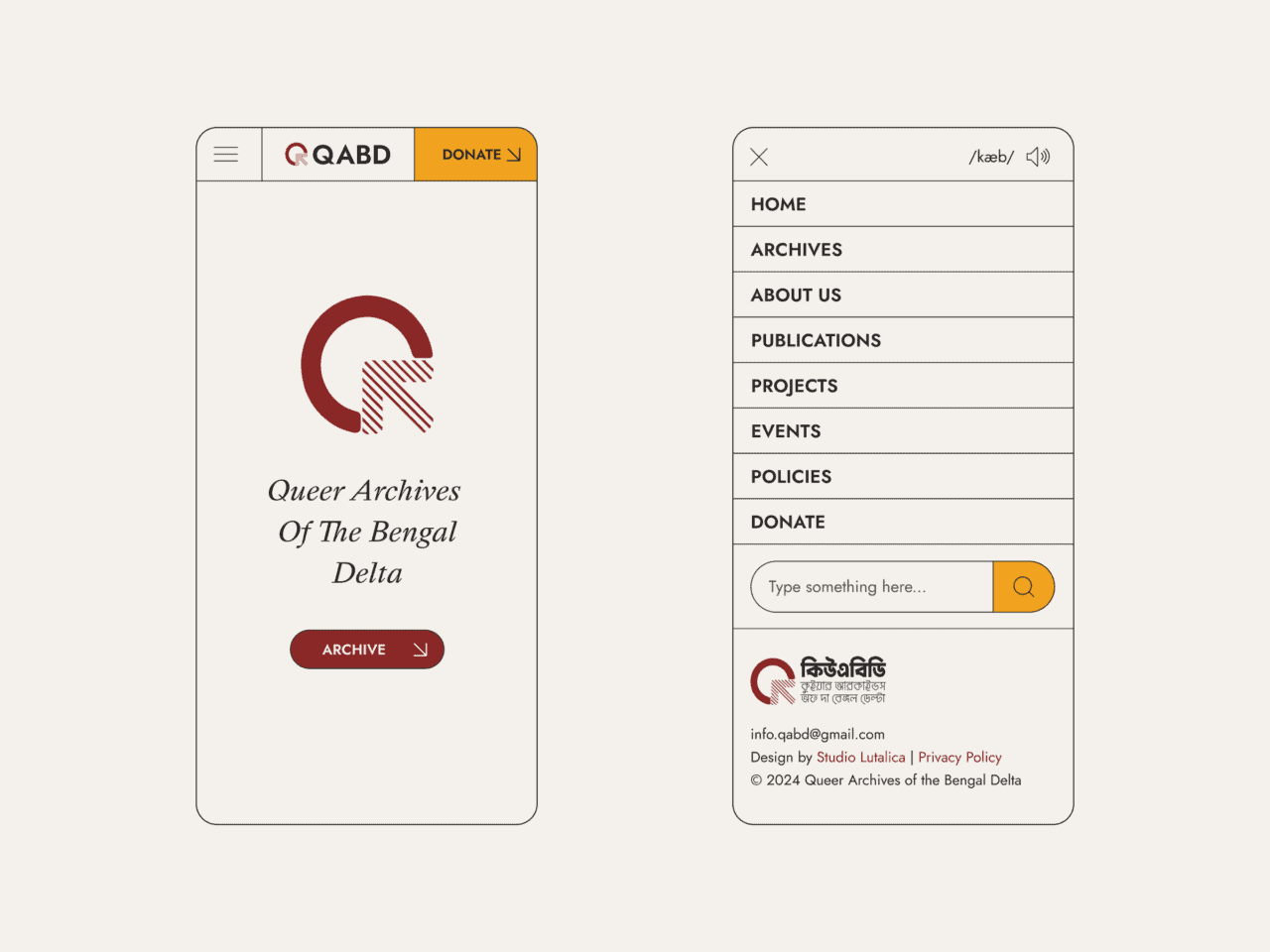 Two mobile screens display the Queer Archives Of The Bengal Delta site: homepage with logo, title, Archive button; menu with links, search and donate.