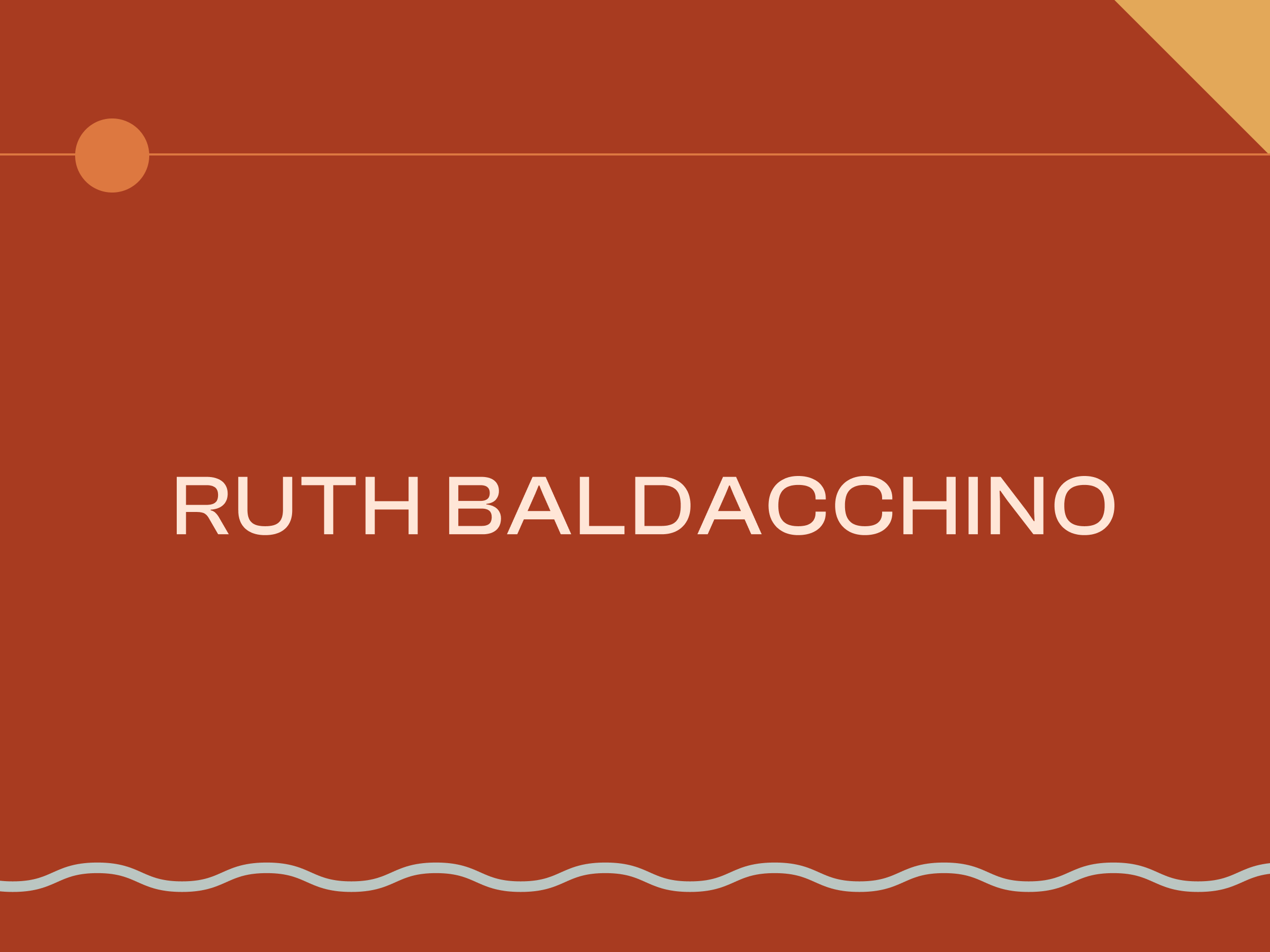 Slide featuring a reddish-brown background displaying the name Ruth Baldacchino in white text. A small orange triangle adorns the top right corner, while a wavy blue line accentuates the bottom edge.