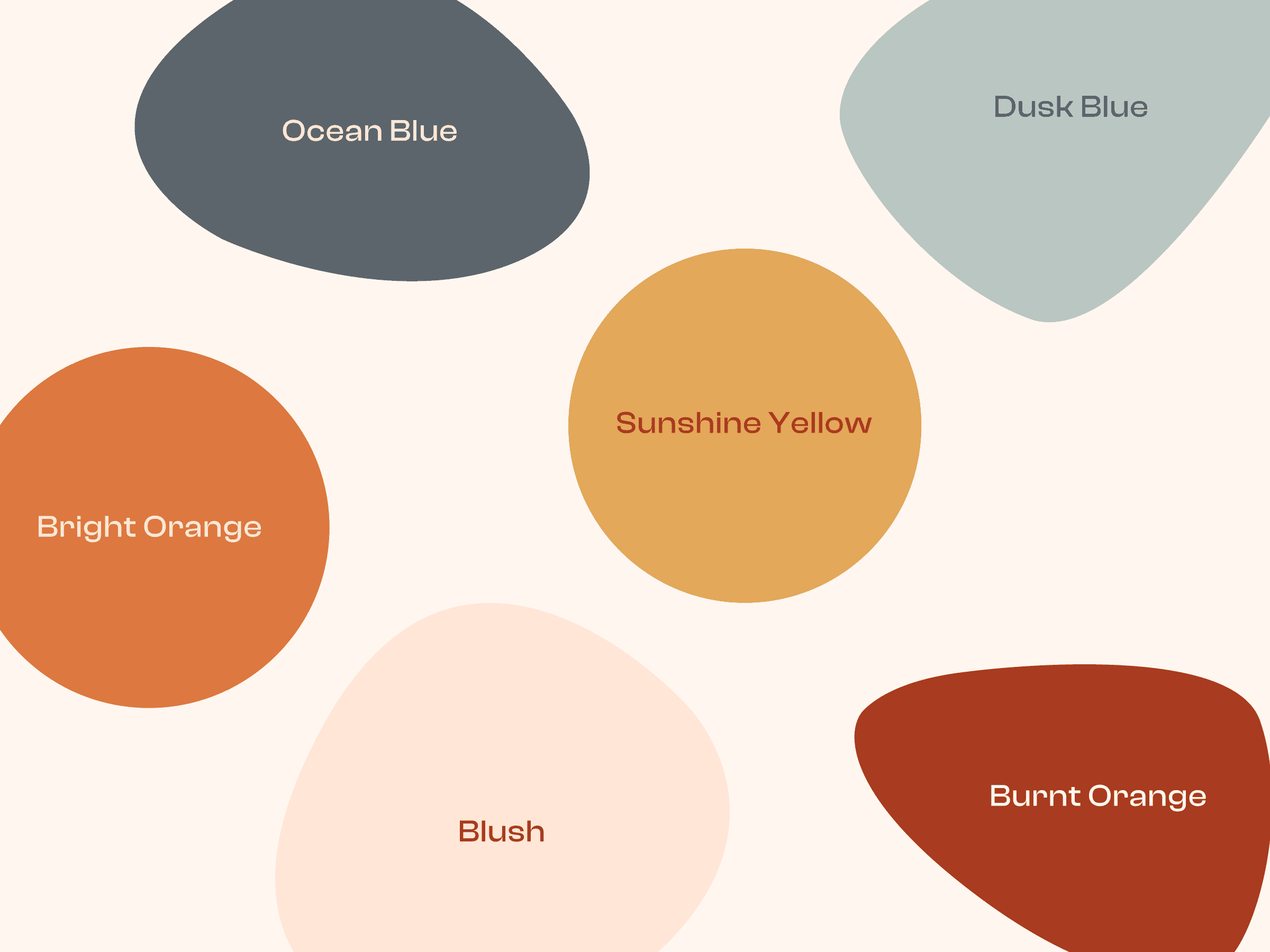 Six uneven circles in Ocean Blue, Dusk Blue, Sunshine Yellow, Bright Orange, Burnt Orange and Blush, labelled on light beige.