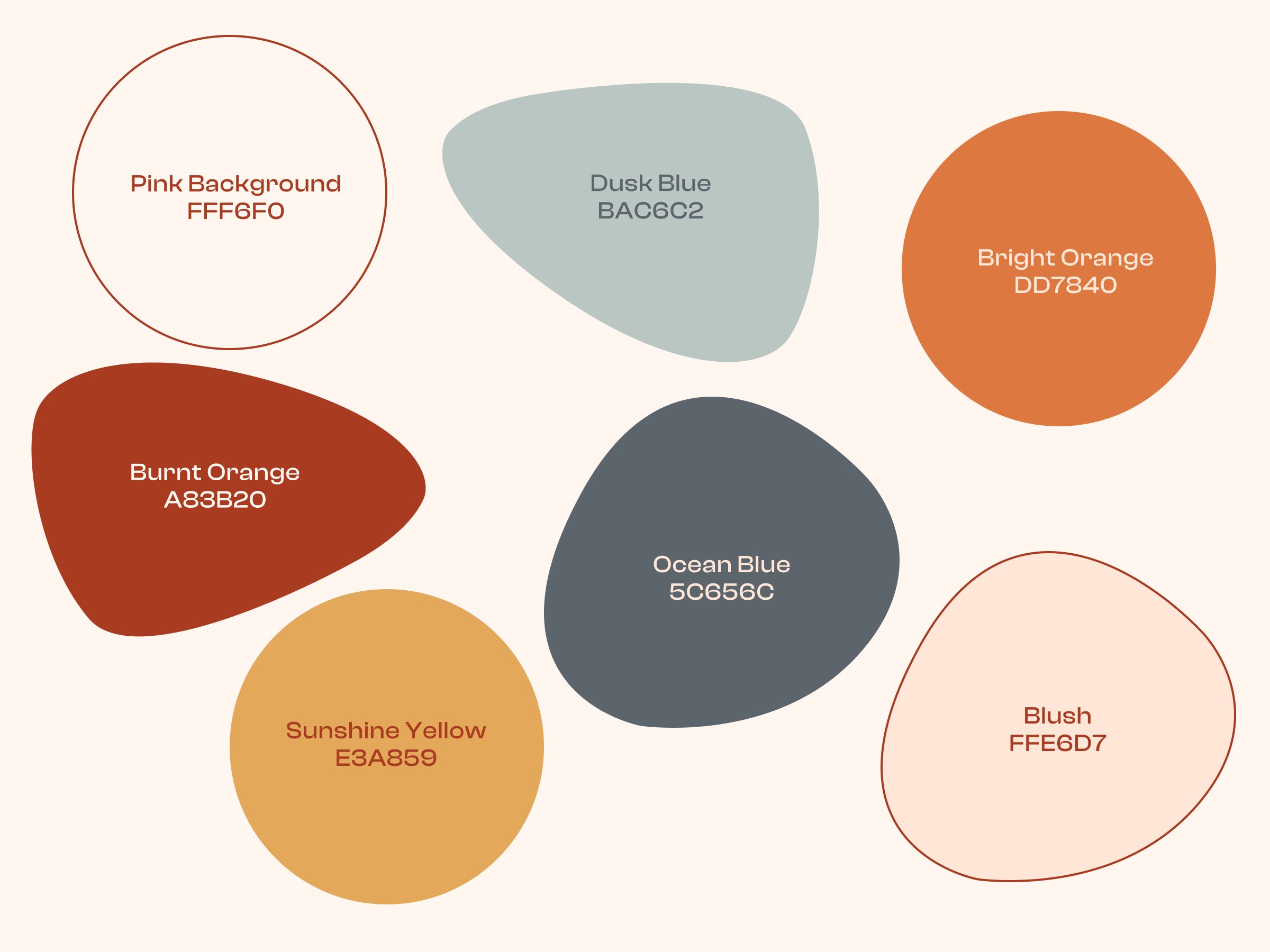 Abstract design featuring six organic shapes in diverse colours against a pink backdrop. The colours are Dusk Blue, Bright Orange, Burnt Orange, Ocean Blue, Sunshine Yellow, and Blush. Each shape is labelled with its colour name and hex code on a light background.