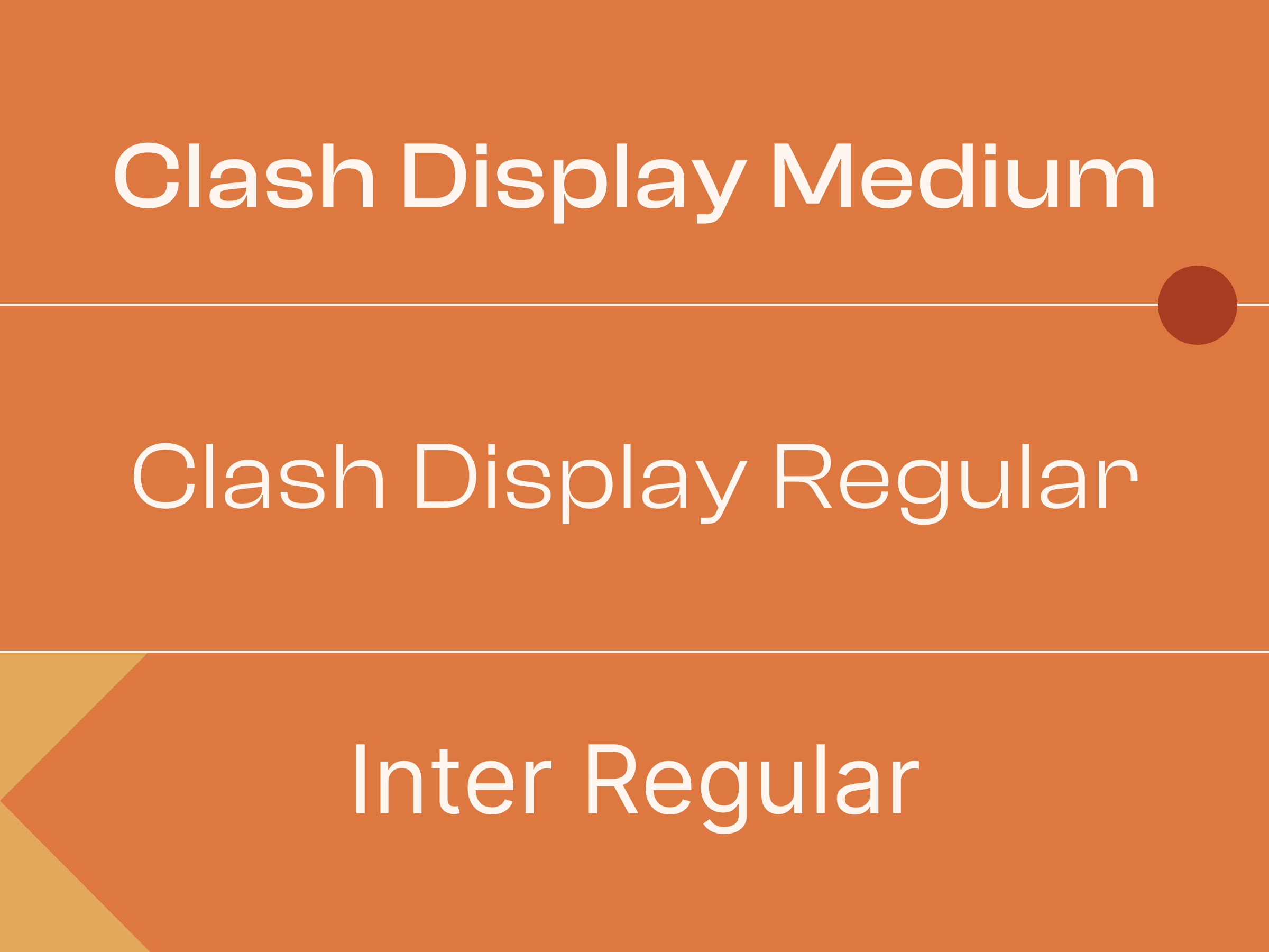 A graphic showcases three font styles on an orange background. Top to bottom: Clash Display Medium with a circle accent, Clash Display Regular, and Inter Regular, all in white text.