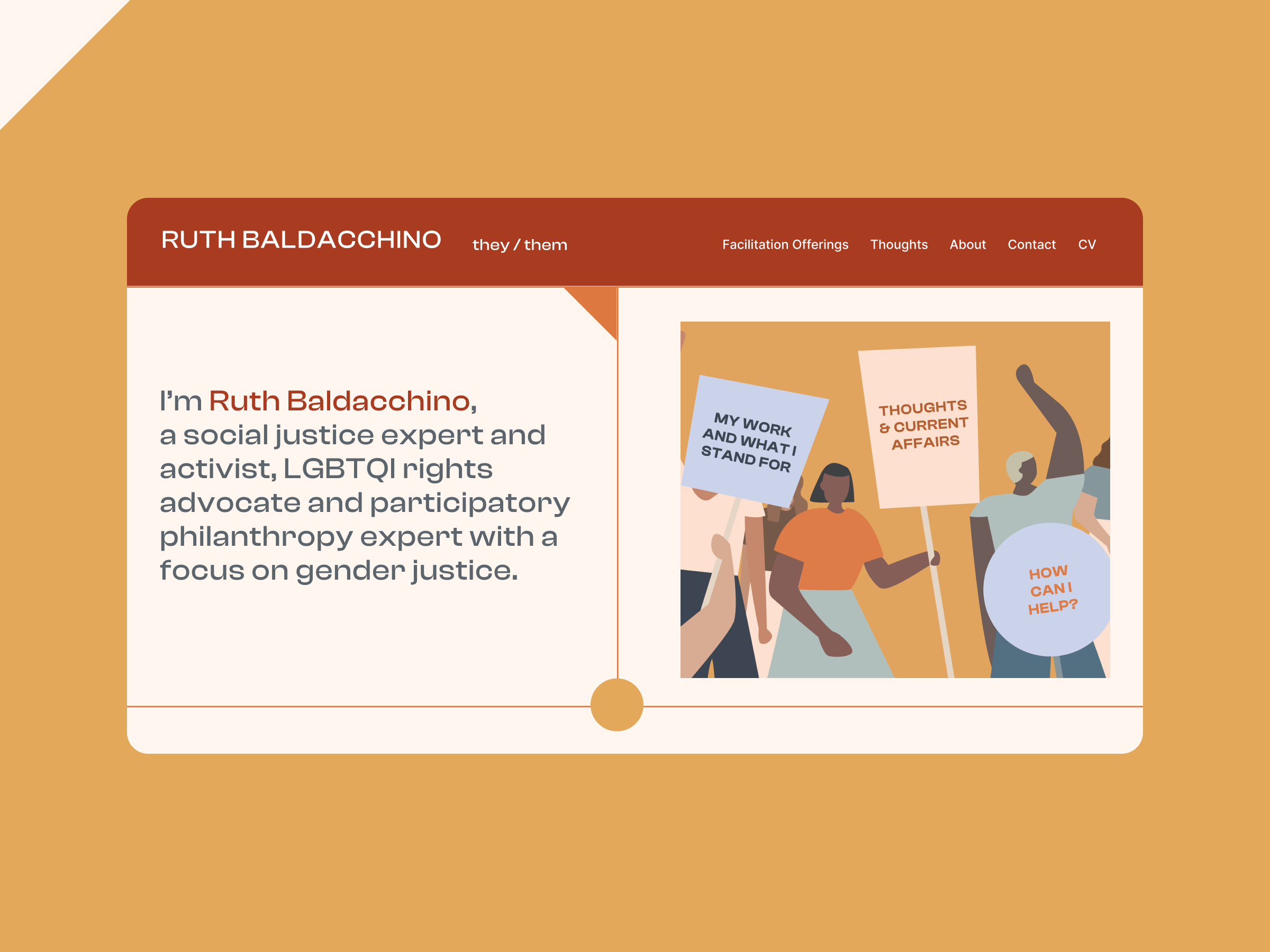 Website screenshot headed Ruth Baldacchino, showcasing text on social justice and LGBTQI rights. Illustration displays diverse individuals holding signs with messages: My Work and What I Stand For, Thoughts on Current Affairs, and How Can I Help?.