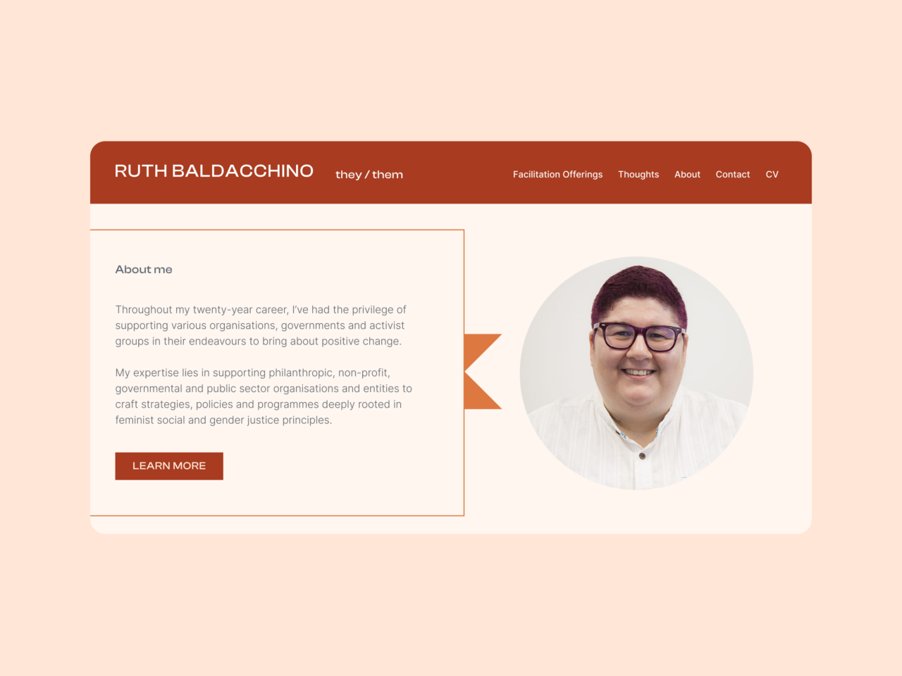 Website section displaying a profile picture of a smiling individual with short hair and glasses. On the left, text against a peach background outlines their career and expertise in philanthropy, non-profit, and public sectors. A Learn More button is present.