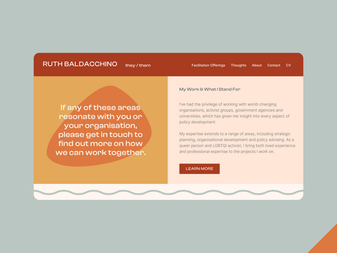 Screenshot of a website header displaying the name Ruth Baldacchino alongside their pronouns they/them. The page includes a quote and a Learn More button. The background is styled with orange and beige colours featuring artistic shapes.
