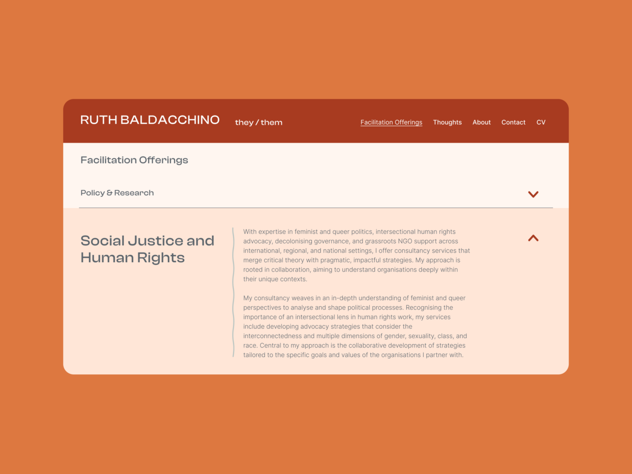 Webpage featuring a brown and cream colour scheme, titled Ruth Baldacchino with pronouns they/them. Includes facilitation services in Social Justice and Human Rights and a paragraph detailing expertise in feminist and queer politics.