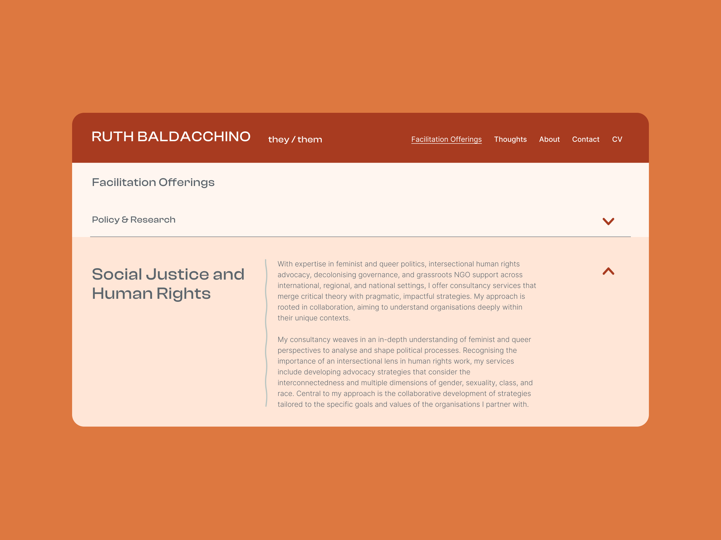Webpage featuring a brown and cream colour scheme, titled Ruth Baldacchino with pronouns they/them. Includes facilitation services in Social Justice and Human Rights and a paragraph detailing expertise in feminist and queer politics.