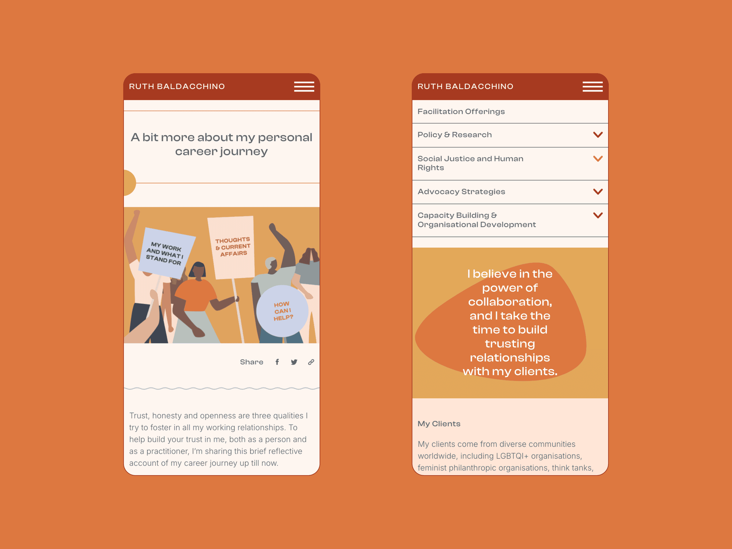 Two mobile phones show a website on an orange background; left: people with “Trust” signs; right: services and collaboration quotation.