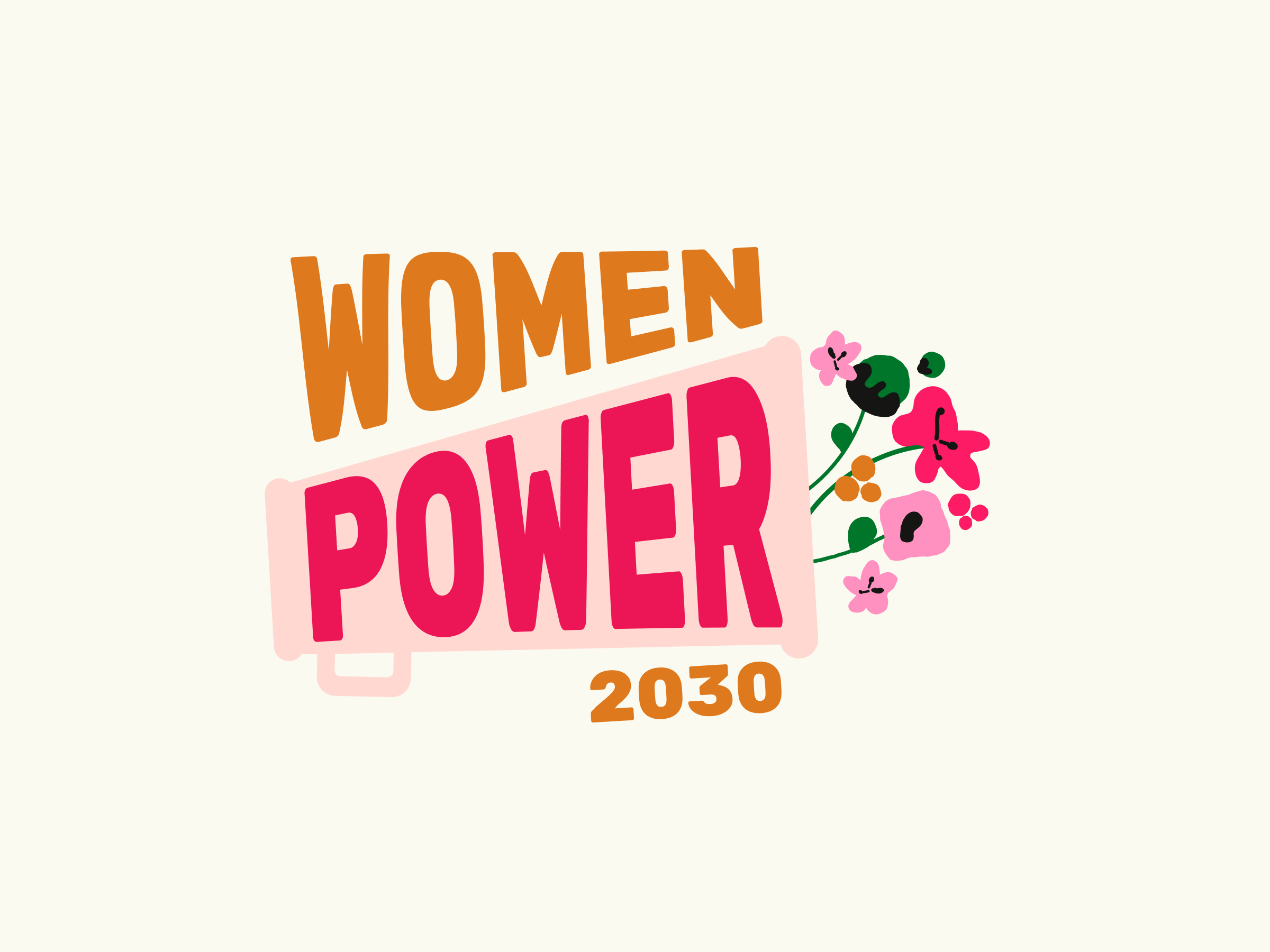 Illustration of the phrase Women Power 2030 with Women Power within a megaphone graphic. Vibrant flowers decorate the right side, representing empowerment and progress.