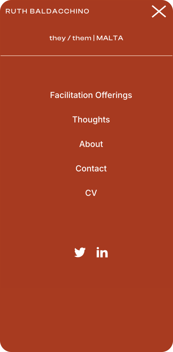A red website menu displaying RUTH BALDACCHINO at the top, with pronouns they/them and MALTA. Menu options include Facilitation Offerings, Thoughts, About, Contact, and CV. Twitter and LinkedIn icons appear at the bottom.