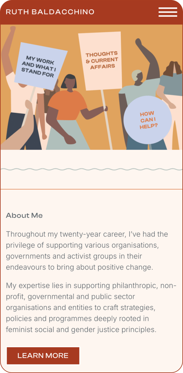Illustration of a diverse group holding placards with messages: My work and what I stand for, Thoughts & current affairs, and How can I help? Below, a text section titled About Me outlines a career dedicated to advancing feminist and social justice causes.