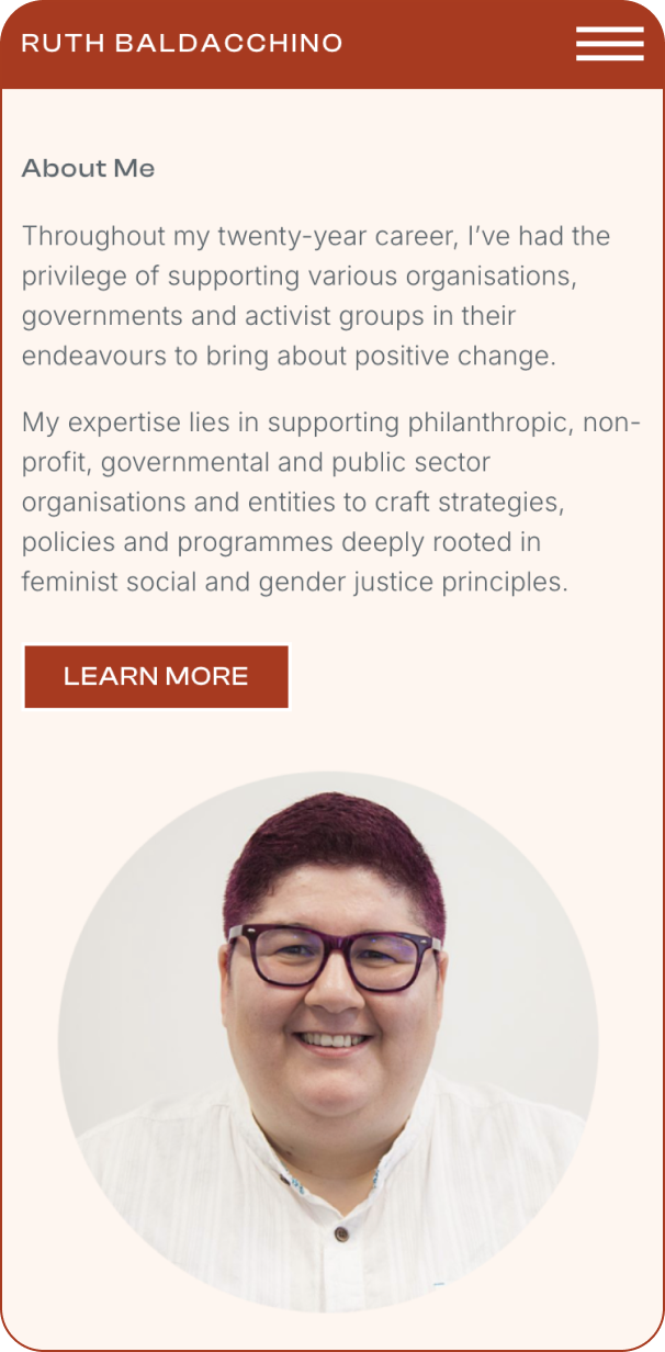 Webpage showing a professionals biography, detailing expertise in philanthropy and gender justice to support organisational change. Below is a smiling person in glasses with a Learn More button.