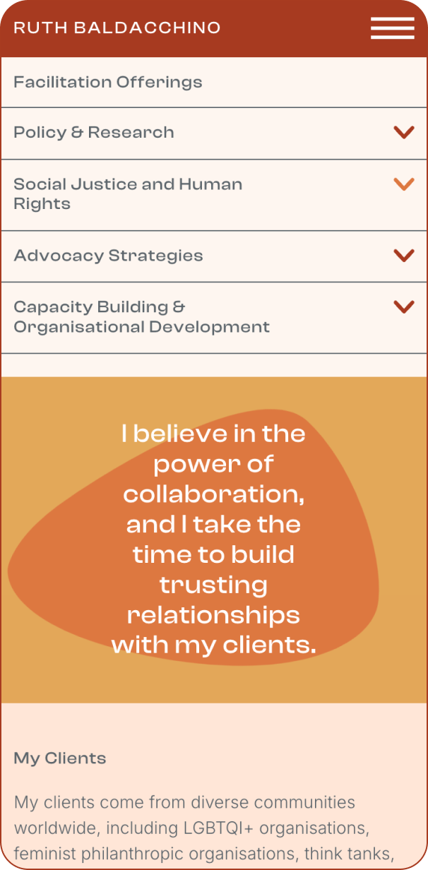 Screenshot of a website page displaying dropdown menus titled Facilitation Offerings, Policy & Research, Social Justice and Human Rights, Advocacy Strategies, and Capacity Building & Organisational Development. A quote reads “I believe in the power of collaboration, and I take the time to build trusting relationships with my clients.” A description of clients summarised at the bottom.