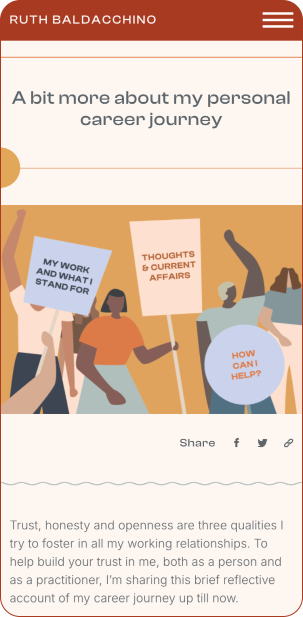 Illustration of diverse individuals carrying signs with messages: My work and what I stand for, Thoughts & current affairs, and How can I help? The header states, A bit more about my personal career journey.