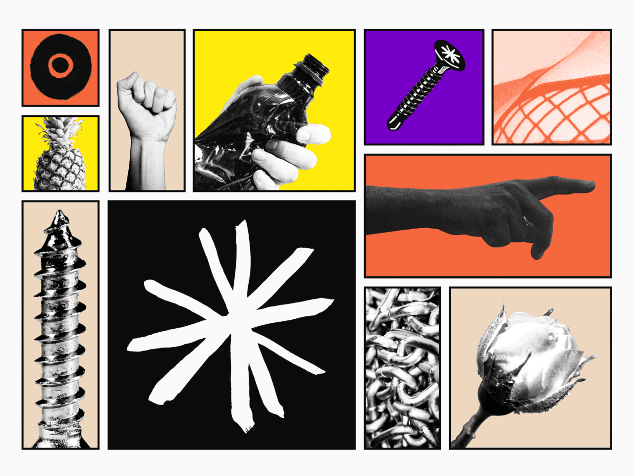 Collage of bold panels featuring pineapple, raised fist, crushed plastic bottle, black screw, orange circle, fishnet fabric, chains, rose.