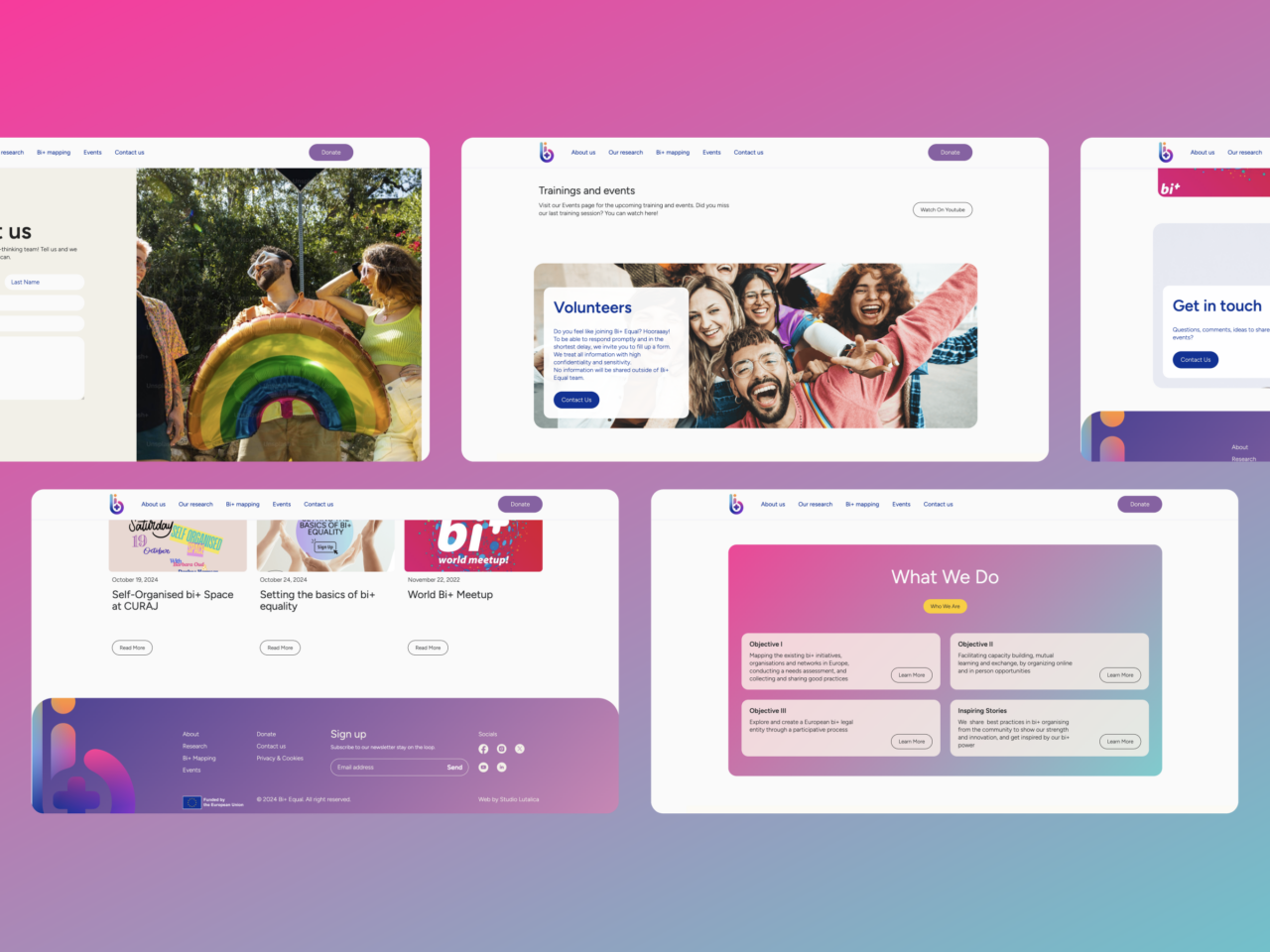 Collage of vibrant web pages with diverse people, rainbow, programme details, volunteering info and contacts on a pink-purple gradient.