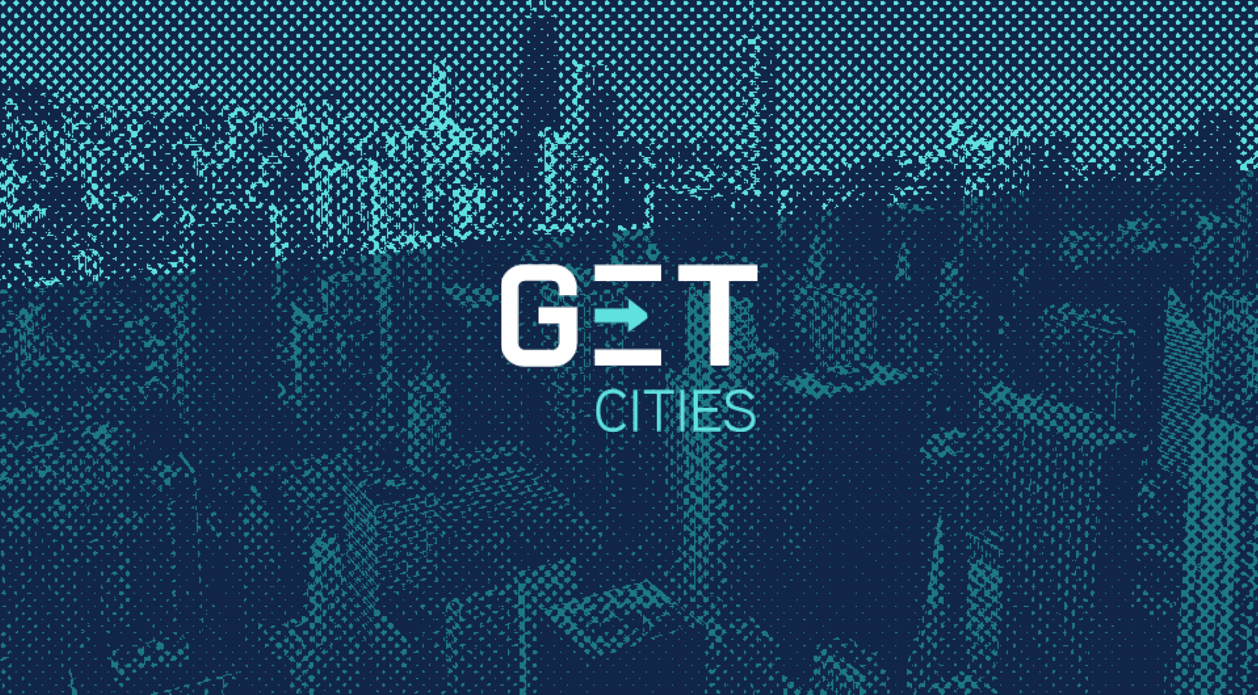 Blue-toned dotted illustration of a cityscape featuring skyscrapers. The text GET CITIES is boldly displayed in white in the centre.