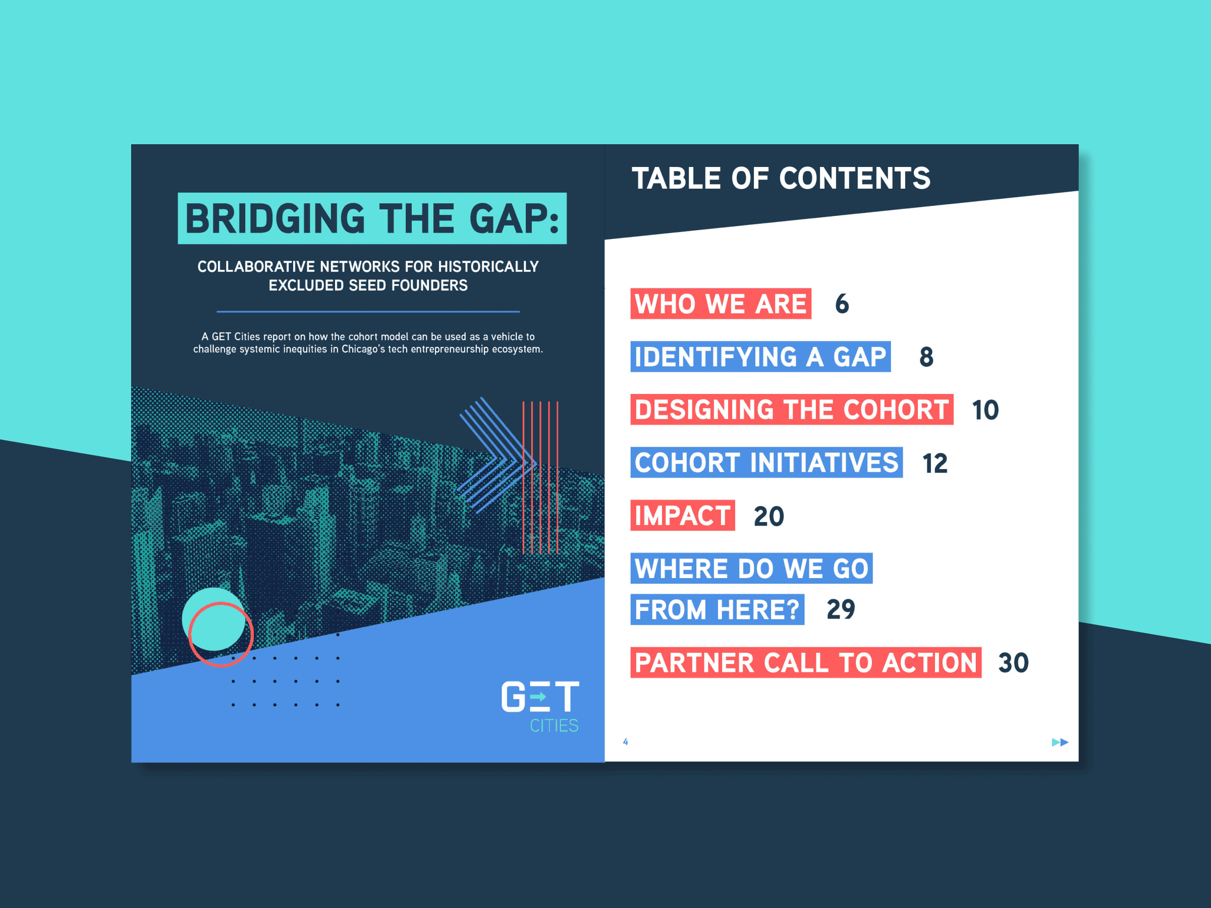 Report cover titled Bridging the Gap: Collaborative Networks for Historically Excluded Seed Founders with sections like Who We Are and Impact in the table of contents. Cityscape background and GET Cities logo.