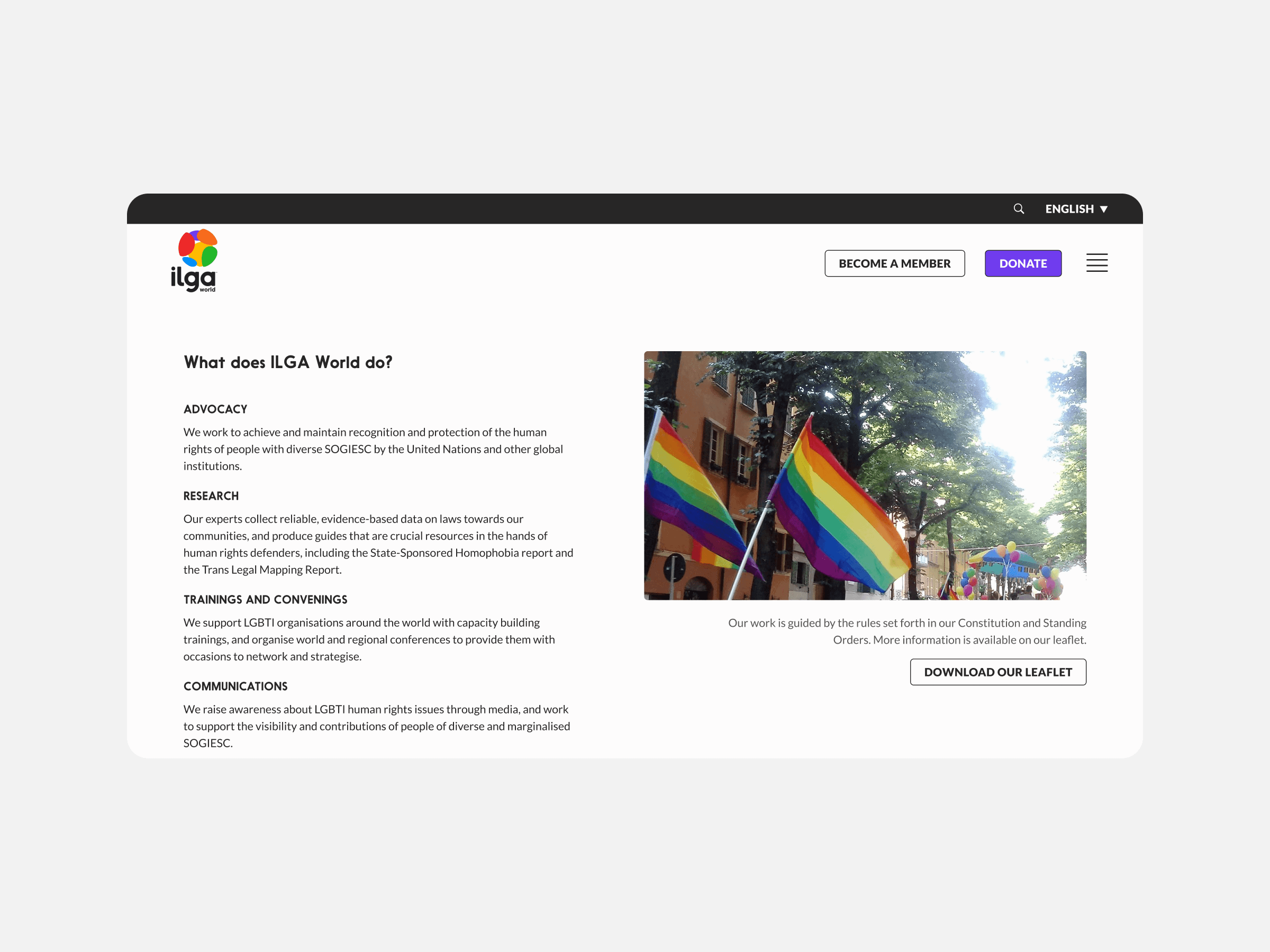 A webpage for ILGA World displaying a rainbow flag image on the right. The left side features text about advocacy, research, training, and communications initiatives. At the top, there are buttons for membership and donations.