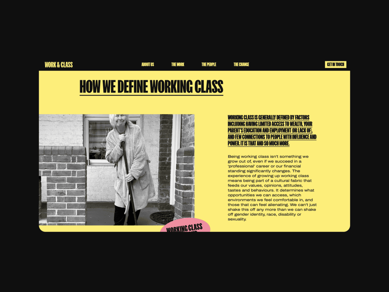Black and white photo of a person in a coat and scarf, holding a broom, standing against a brick wall. Highlighted text on the right describes the working class by financial status, community connections, and cultural impact.