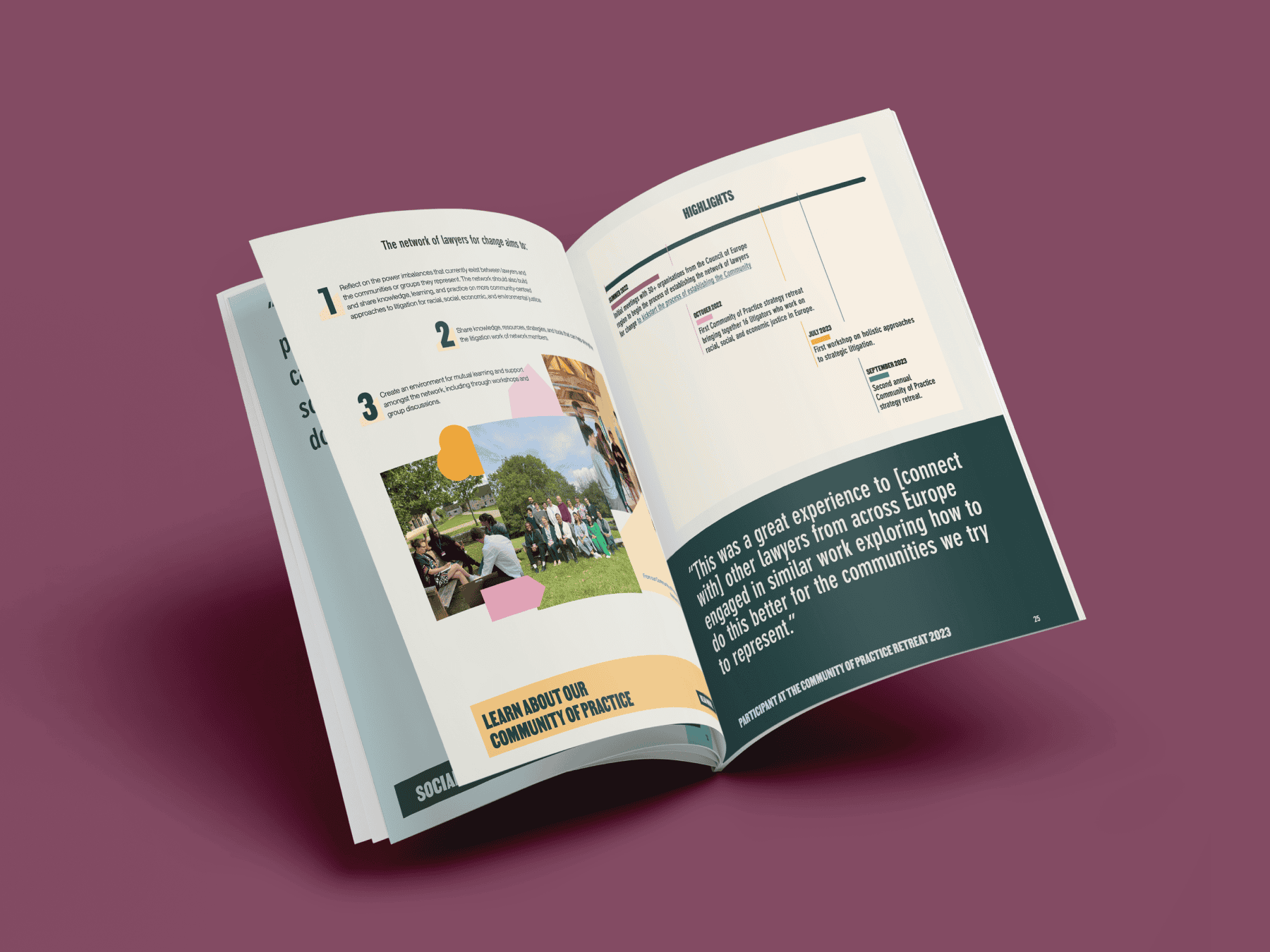 An open magazine resting on a purple surface, displaying two pages. The left page includes text and an outdoor photograph of three people sitting comfortably on grass. On the right page, theres a chart and a highlighted quote. Both pages are adorned with vibrant design elements.