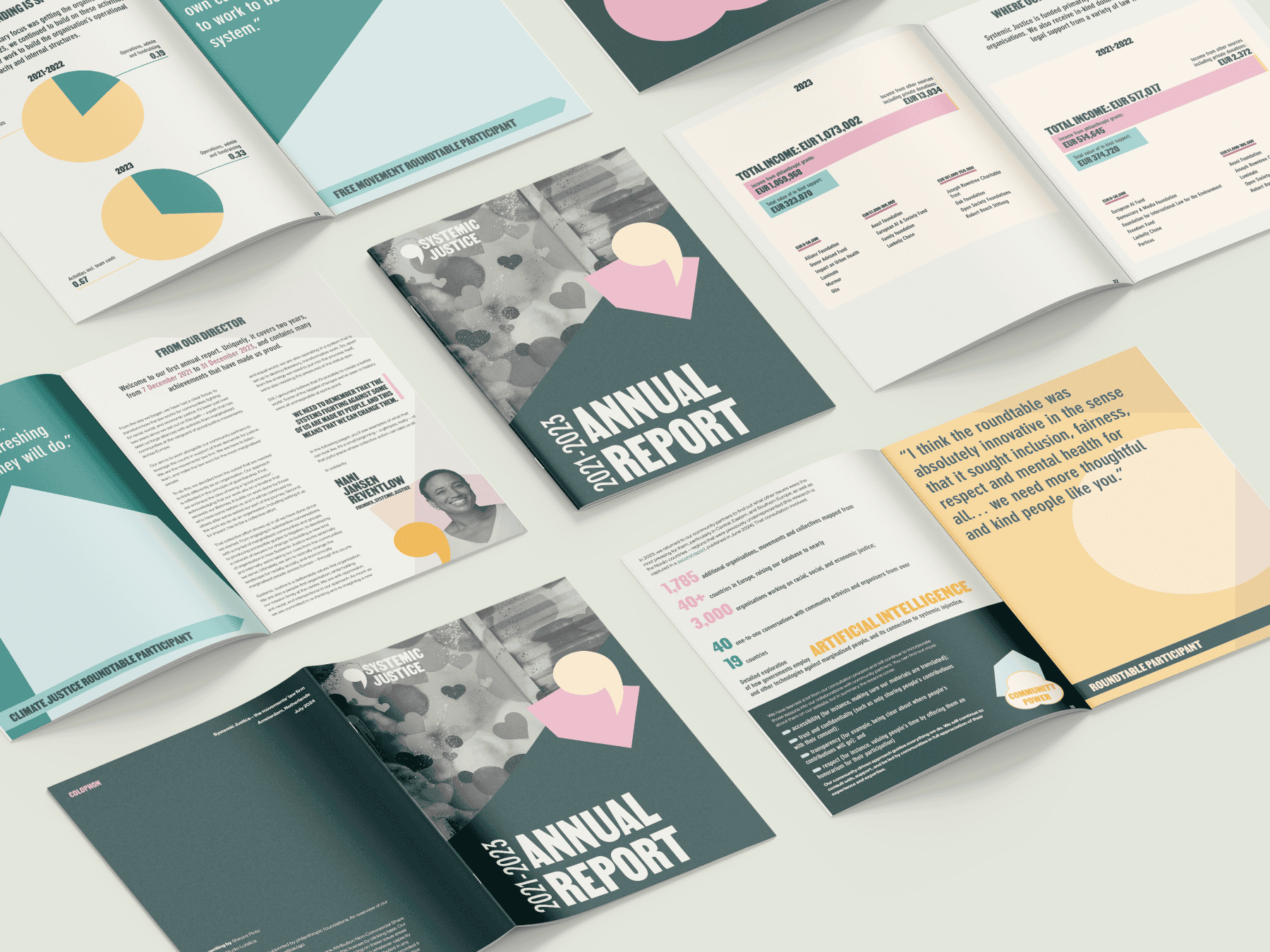 Various pages of an annual report displayed on a flat surface, featuring the cover text 2023-2024 Annual Report with geometric designs. The pages showcase charts, text, and graphics in a teal and pink colour scheme.