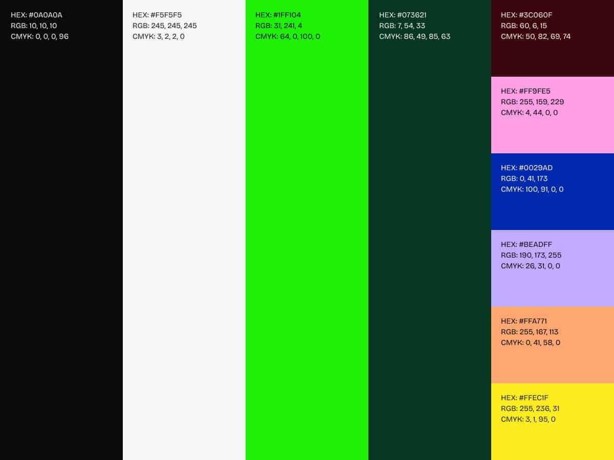 The image displays vibrant vertical colour stripes, each accompanied by specific colour codes such as #0A0A0A, #FEF5F5, and #1FFF04. This palette captures the lively essence of a night out at Bethnal Greens Working Mens Club with mates. RGB and CMYK values are included for accuracy.