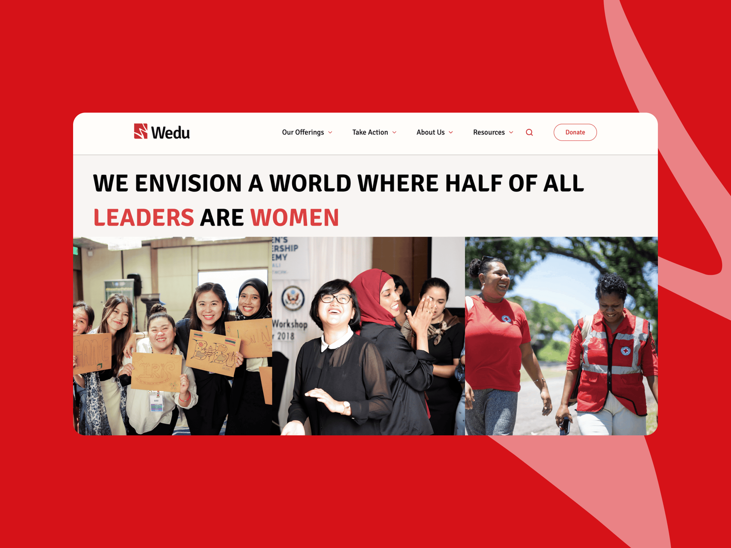 A collage of diverse women celebrating: First image - Women holding signs and smiling. Second image - Women in red uniforms outdoors. Text reads We envision a world where half of all leaders are women.