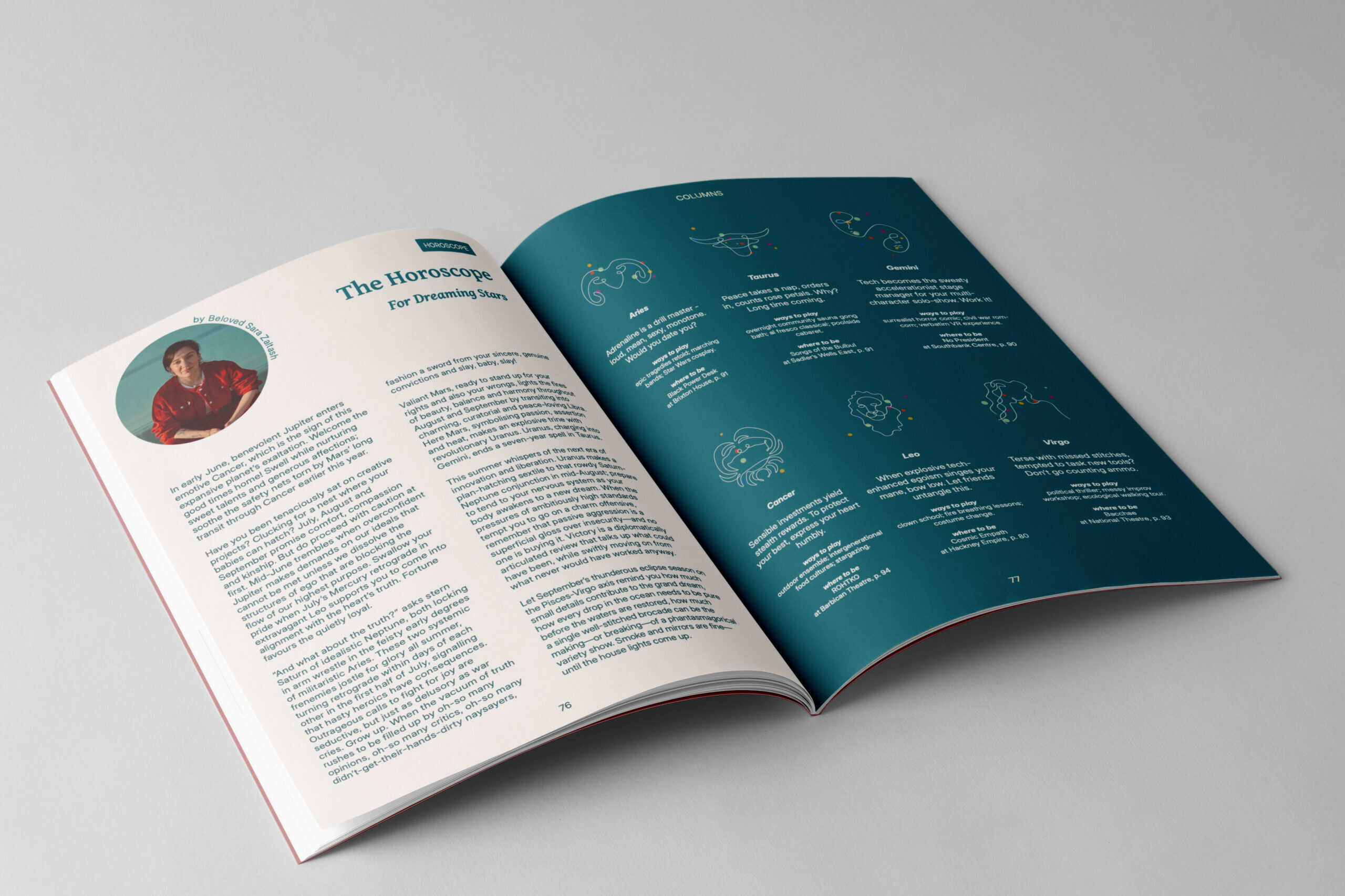 An open magazine on a light grey surface displays a horoscope article. The left page features the author’s photo, while the right page shows illustrated zodiac signs and star sign descriptions against a dark teal background. Ideal for theatre lovers seeking astrological insight.