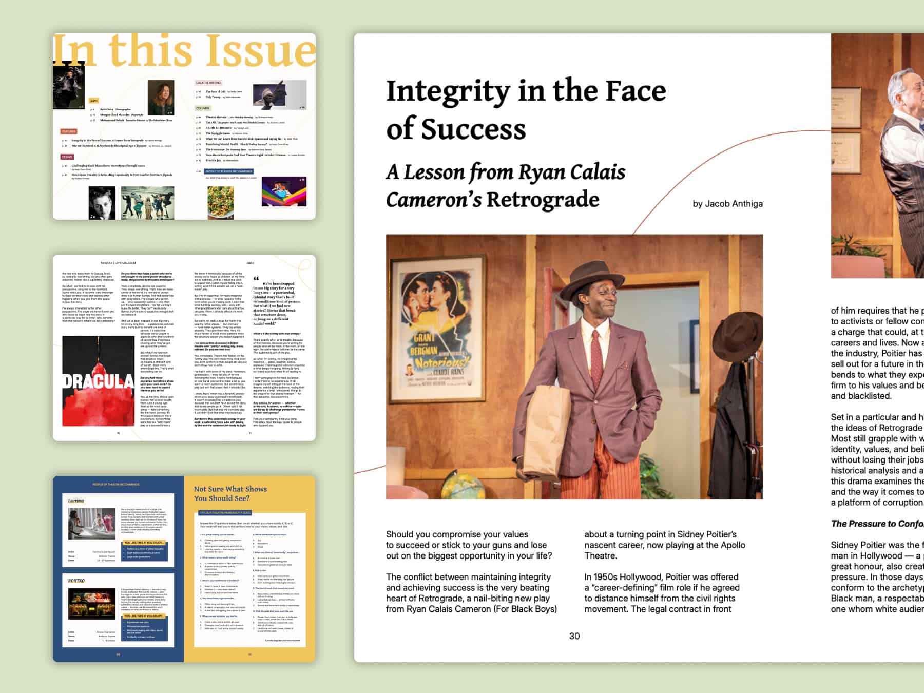 Magazine spread with the headline ‘Integrity in the Face of Success’, featuring a prominent man in a suit and hat, highlighted as a leading figure in theatre. Smaller preview images of other magazine pages are displayed down the left side.