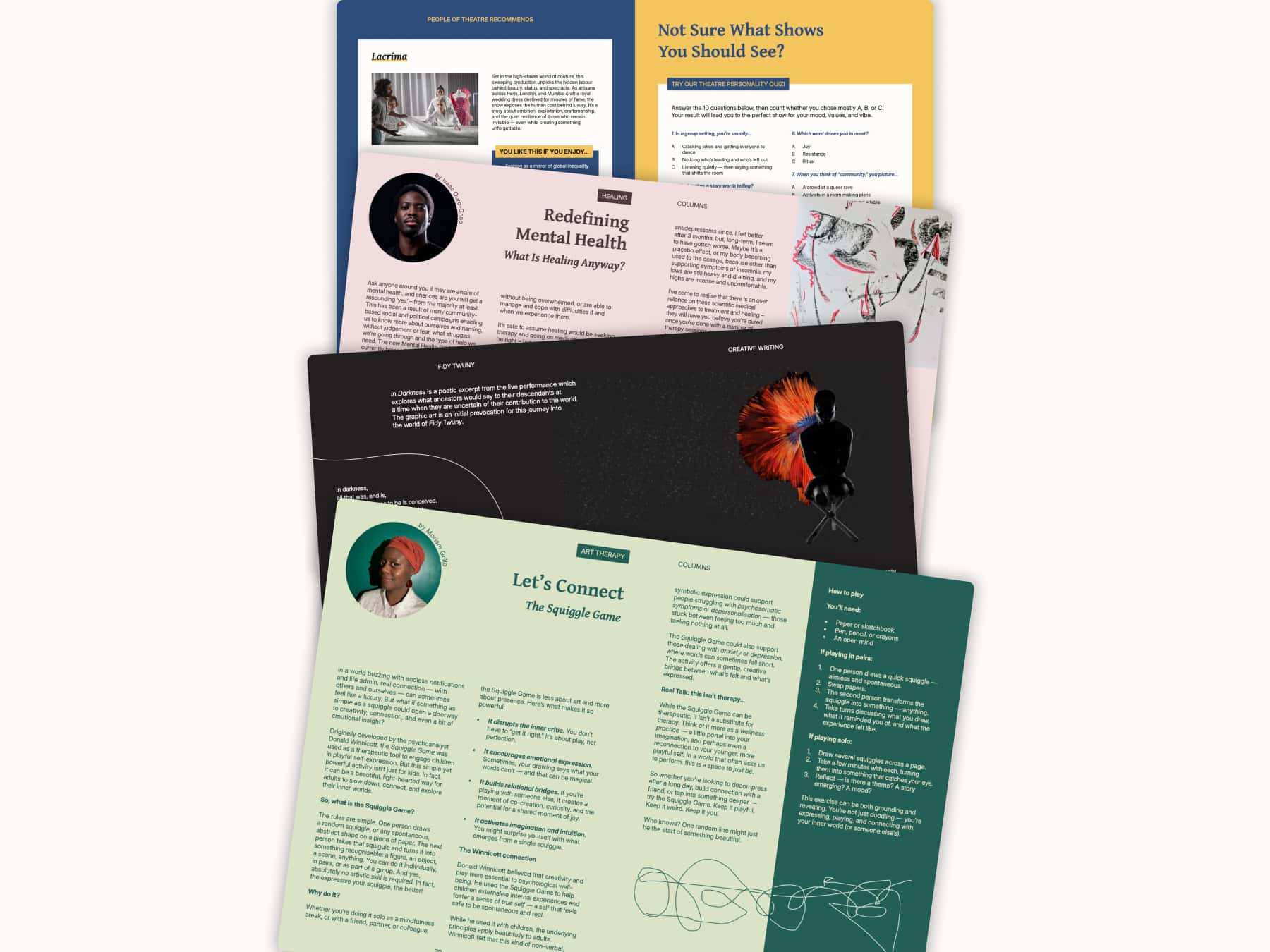 A fan-shaped stack of colourful magazine or newsletter pages displaying articles, photos of diverse theatre people, mental health resources, show recommendations, and tips for connecting with others in the arts community.