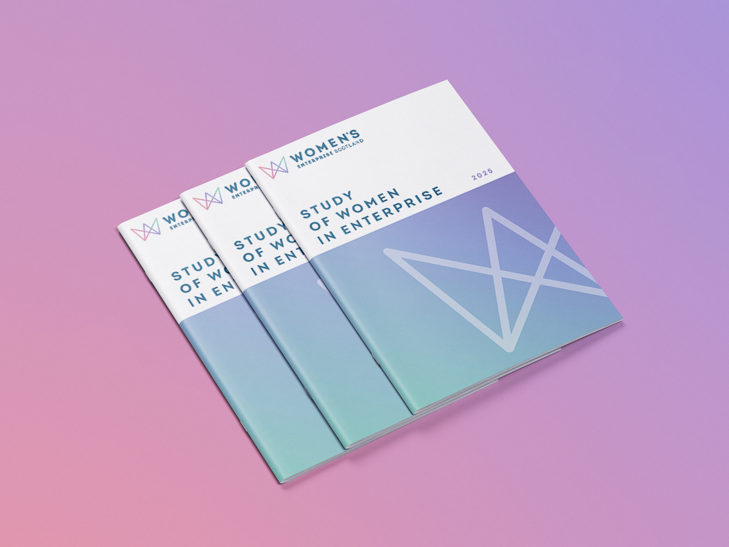 Three Study of Women in Enterprise 2023 booklets stacked on a purple-pink gradient, with line art and Womens Print & Publishing logo.