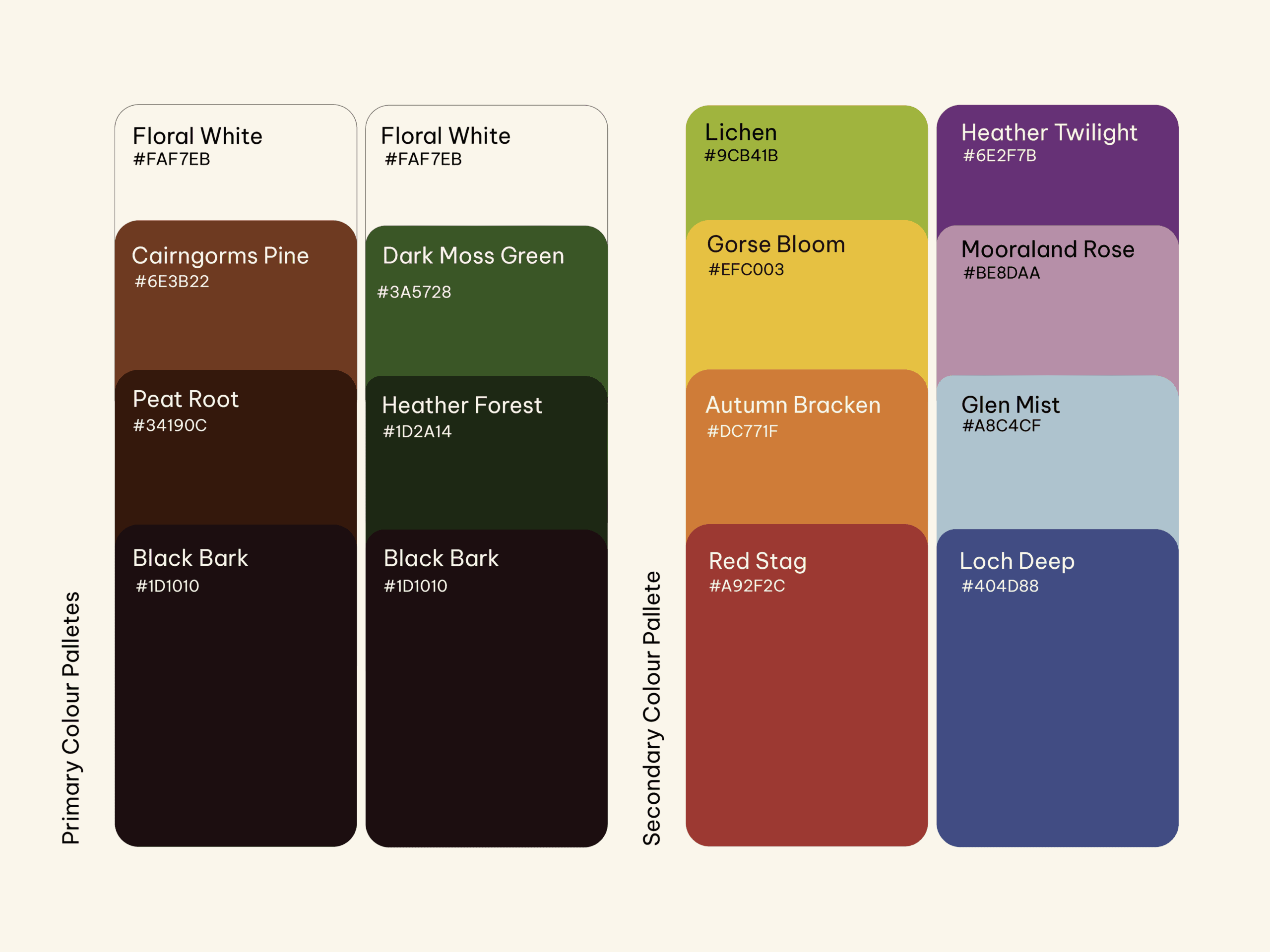 A chart shows three palettes: two primary and one secondary, with each colour swatch labelled by name and hex code beneath.