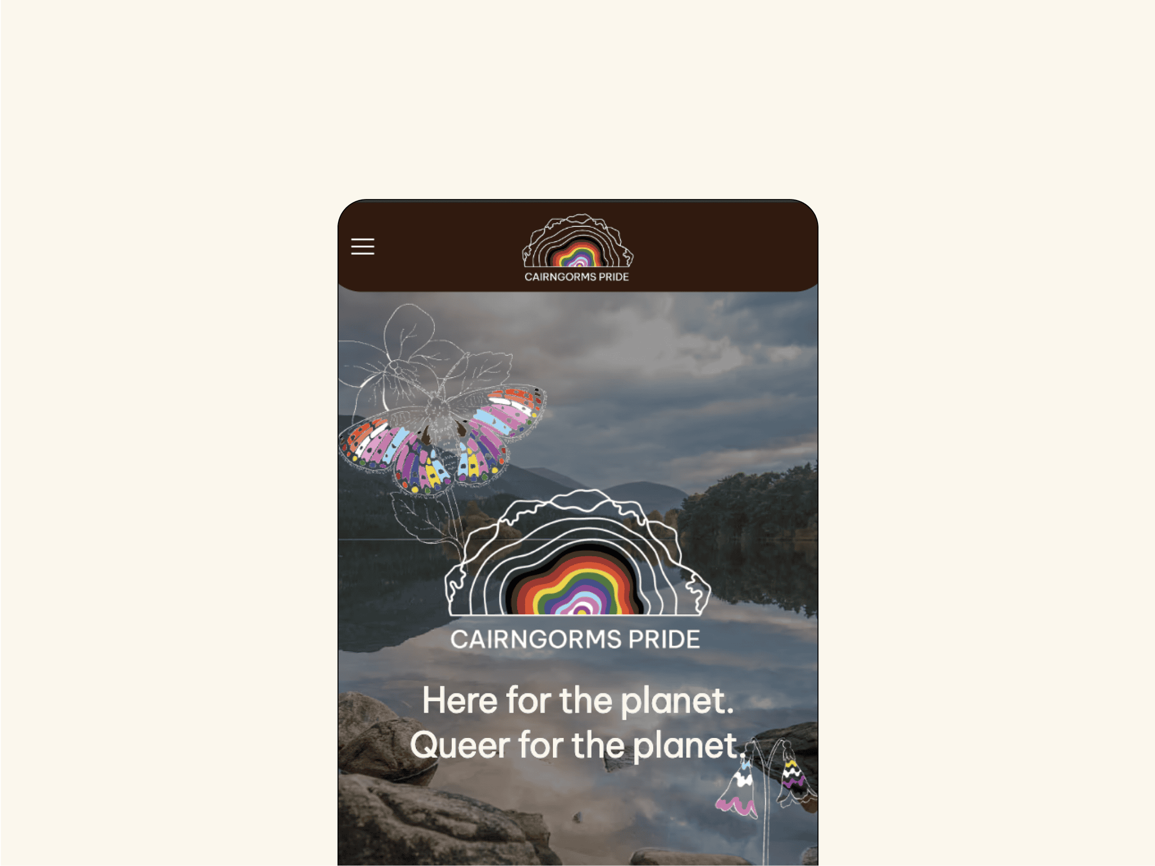 Mobile site with Cairngorms Pride rainbow logo, pride-coloured butterfly, “Here for the planet. Queer for the planet.” lake view.