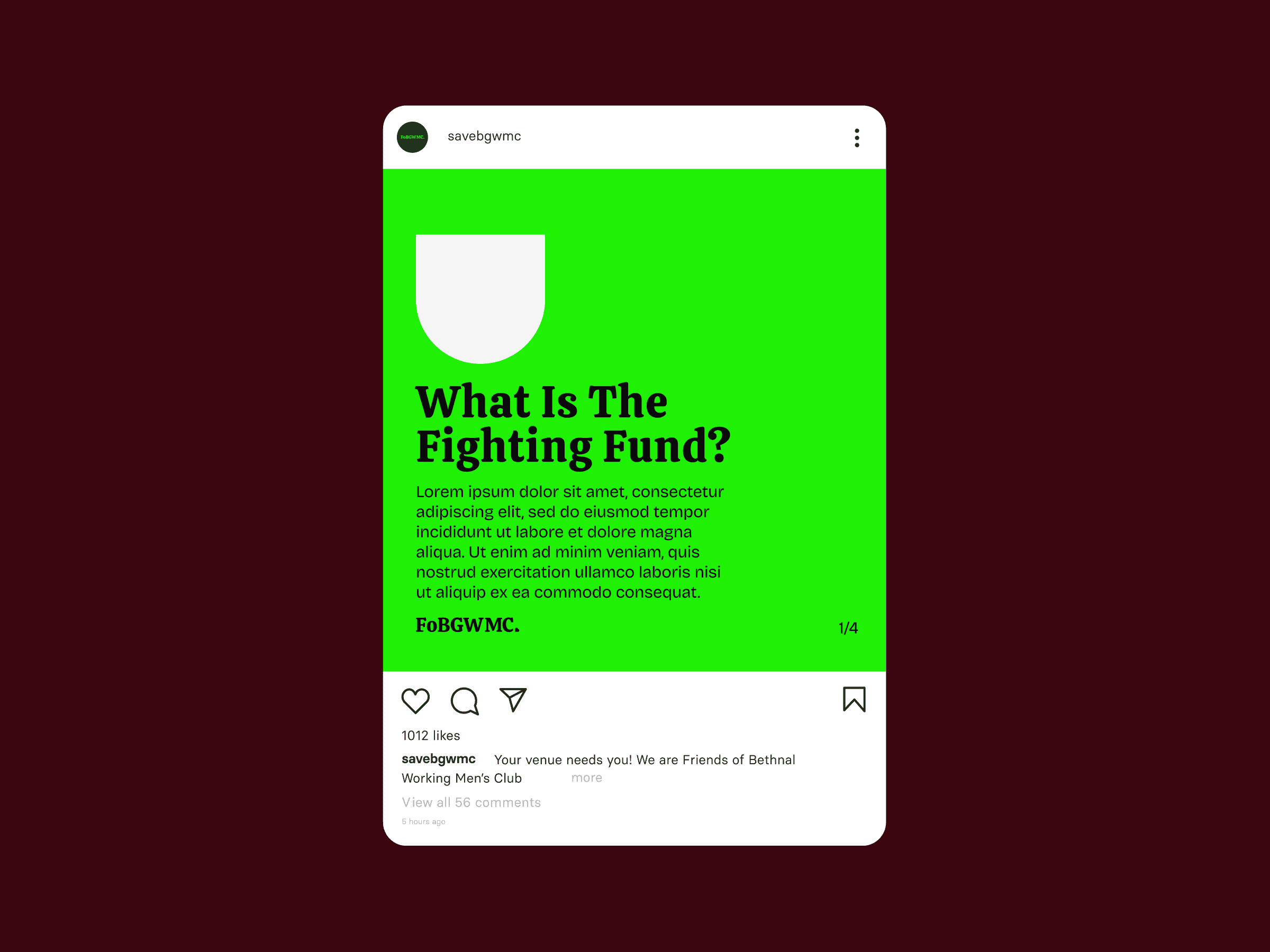 Instagram post with bright green background, white semi-circle top left, bold black text: “What Is The Fighting Fund?”, caption below.
