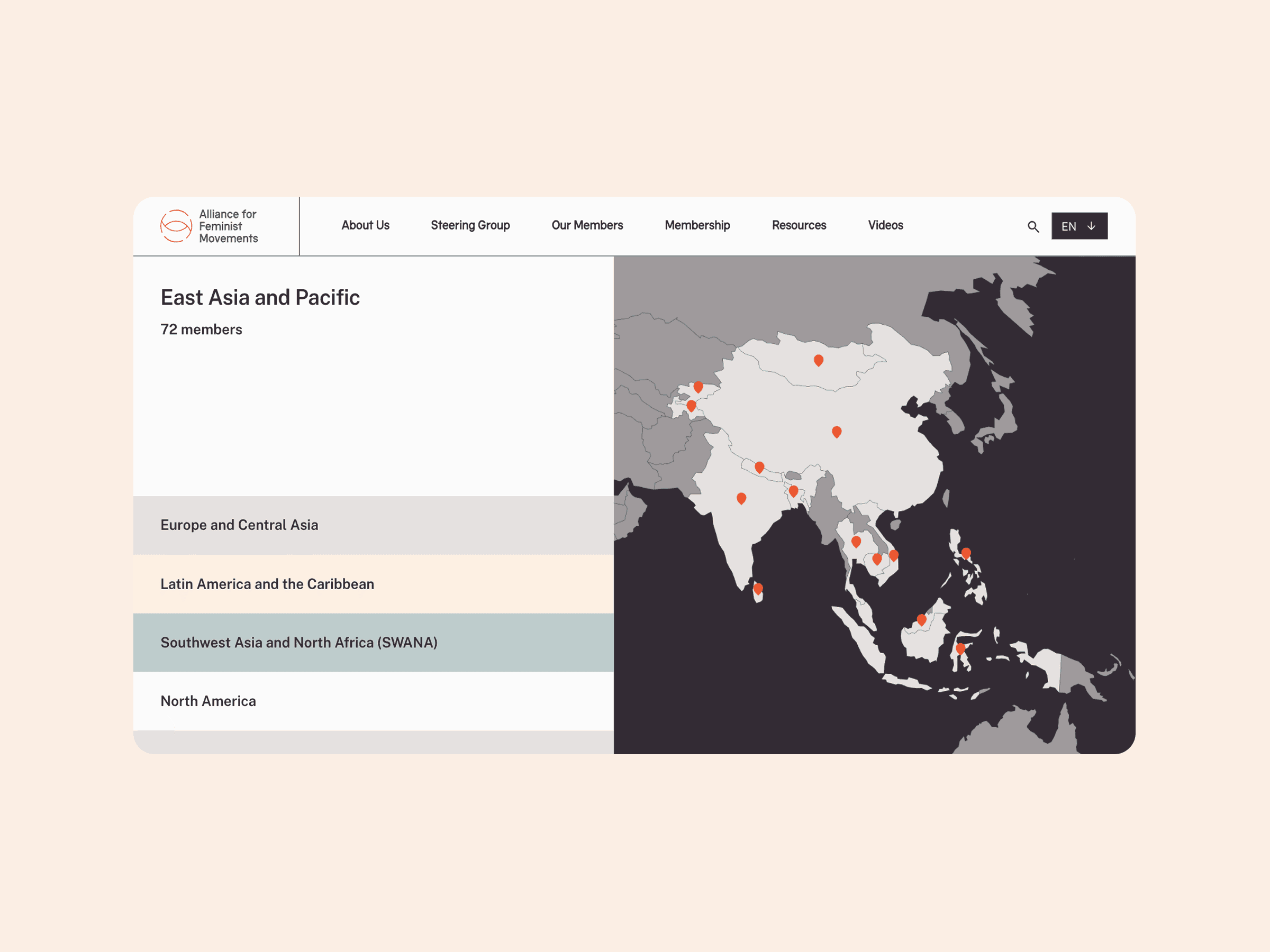 Alliance for Feminist Movements website with Asia-Pacific map, orange markers, sidebar highlighting East Asia & Pacific—72 members shown.