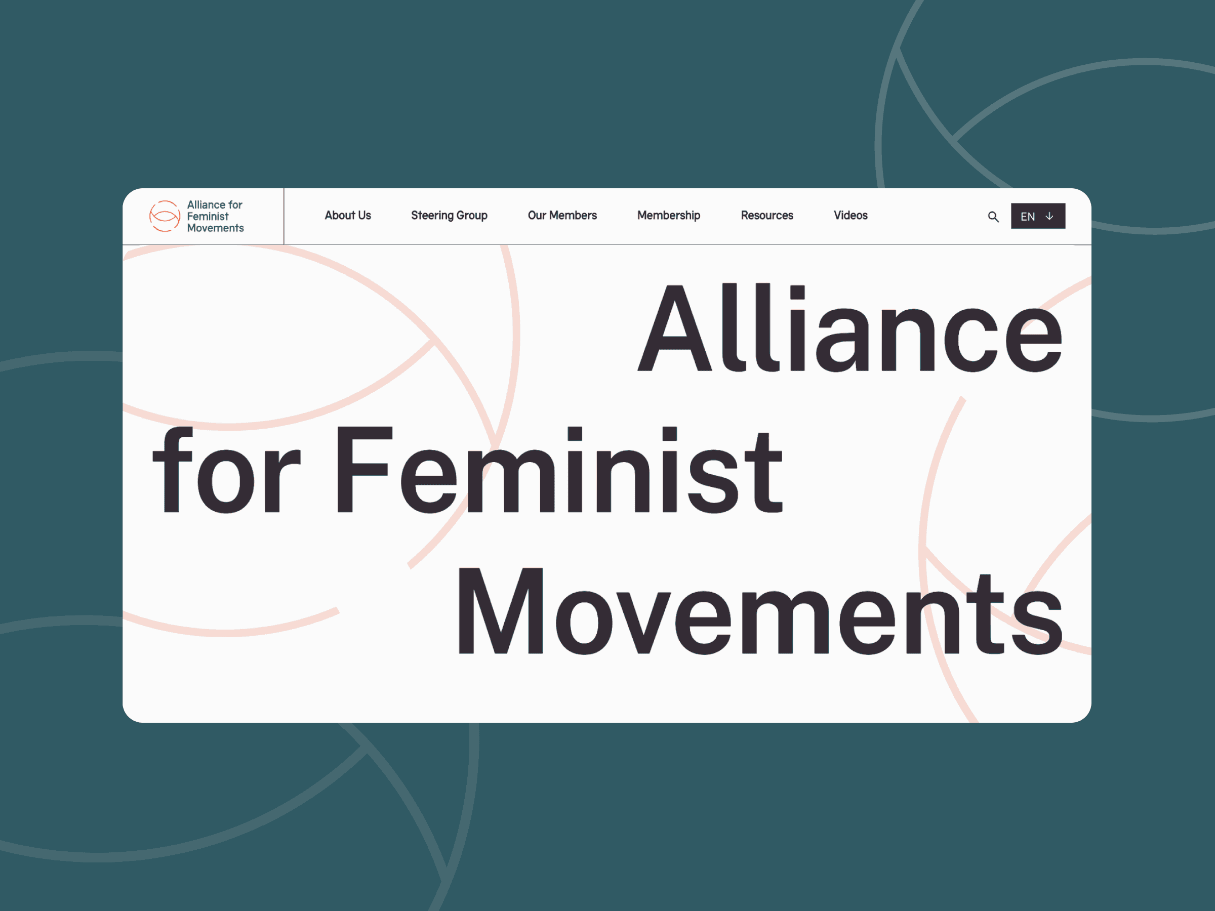 Alliance for Feminist Movements homepage with bold title and menu links: About Us, Membership, Resources, and language selection.