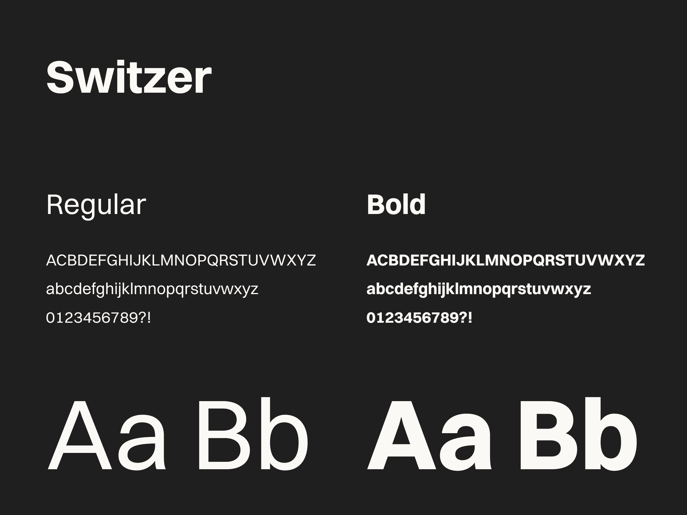 Switzer Regular font on the left and Bold on the right, both on black. Includes uppercase, lowercase, numbers and Aa Bb samples.
