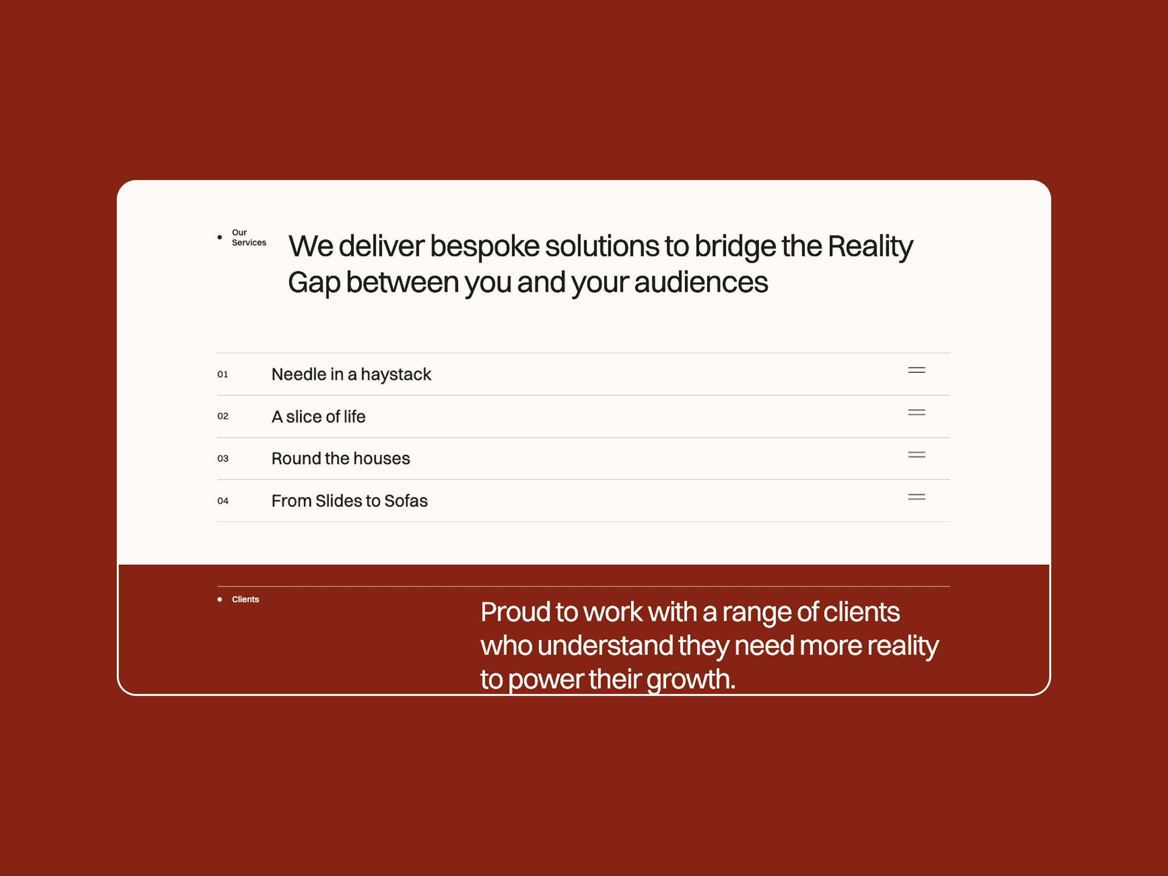 Website section with white background, brown border, bespoke solutions, service list, and brown area showing client growth success.