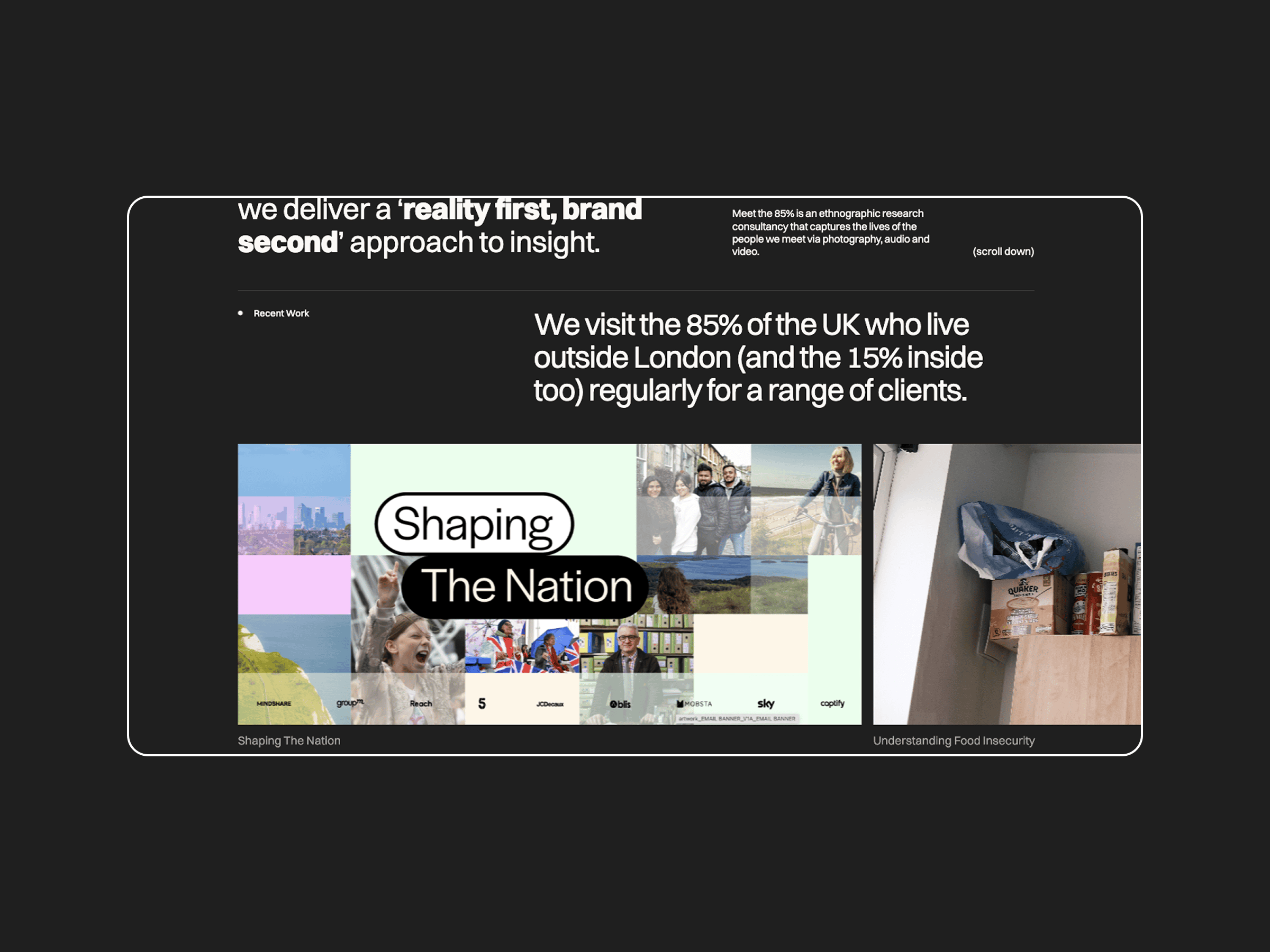 Website section with text about visiting clients UK-wide, plus photos of people, British landscapes, and books in a modern design.