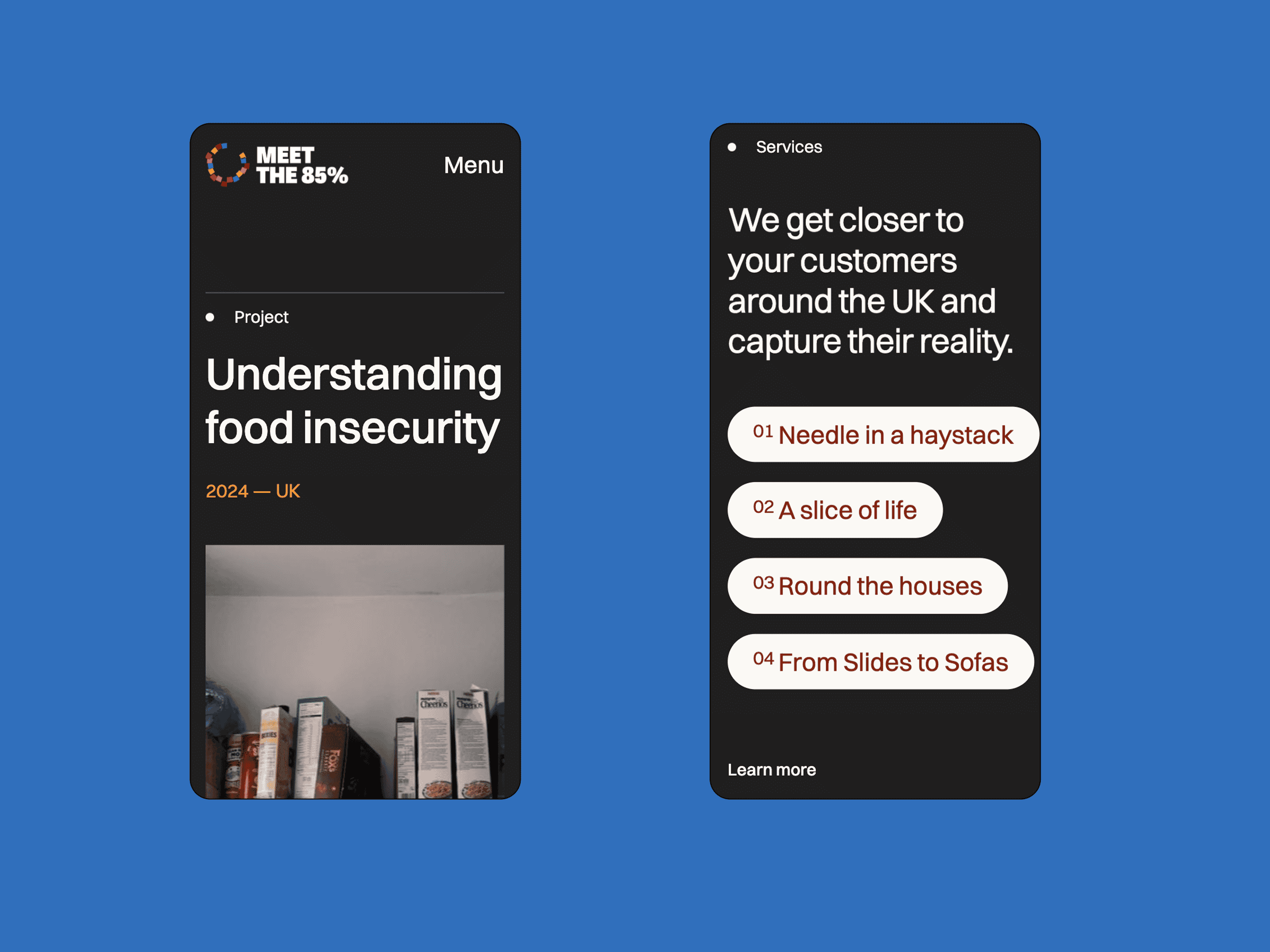 Two mobile screens show 'Understanding food insecurity (2024—UK)', four item labels, UK customer text, plus cereal boxes below.