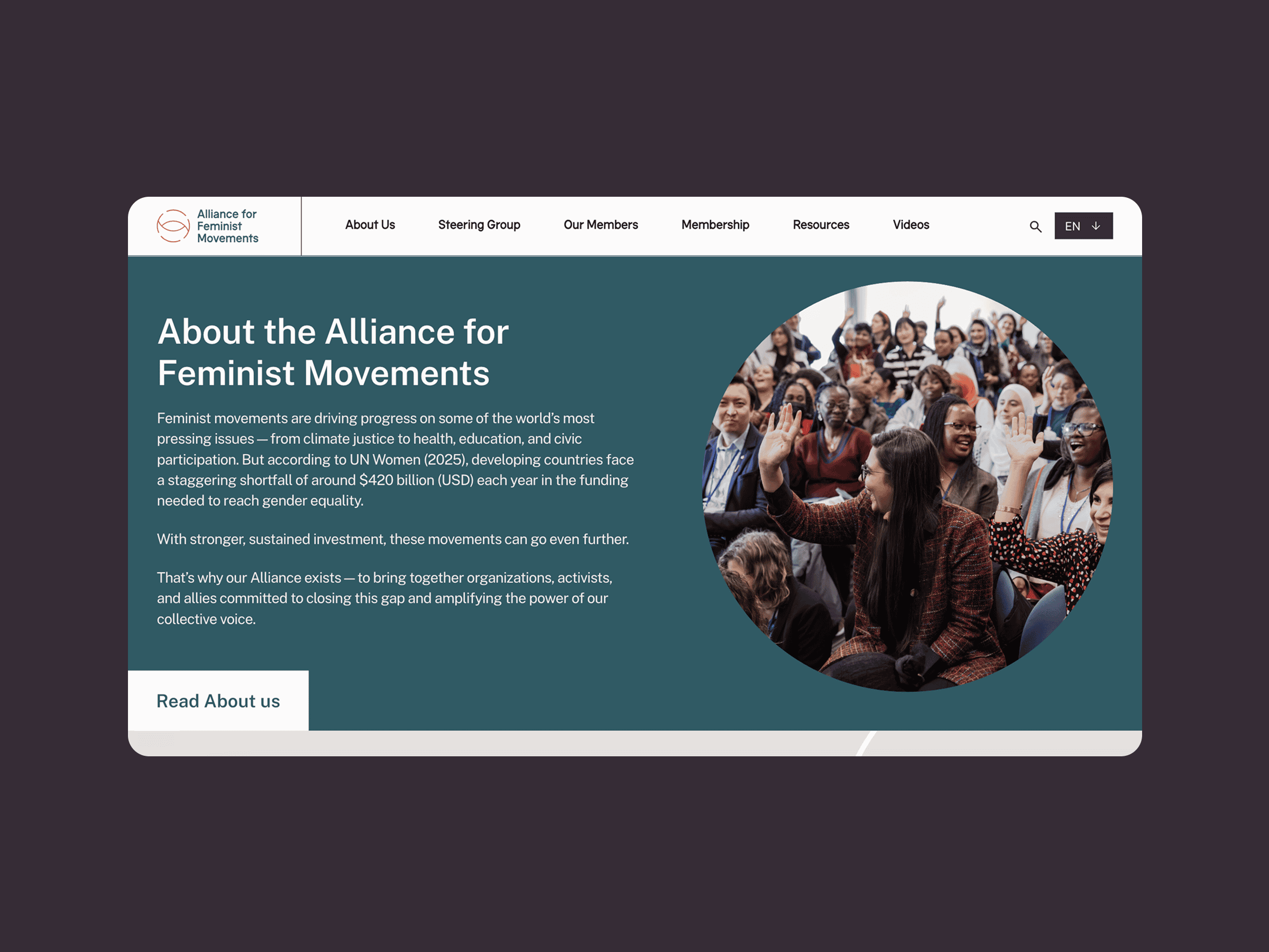 Alliance for Feminist Movements webpage with diverse women smiling and raising hands at an event, alliance info shown alongside.