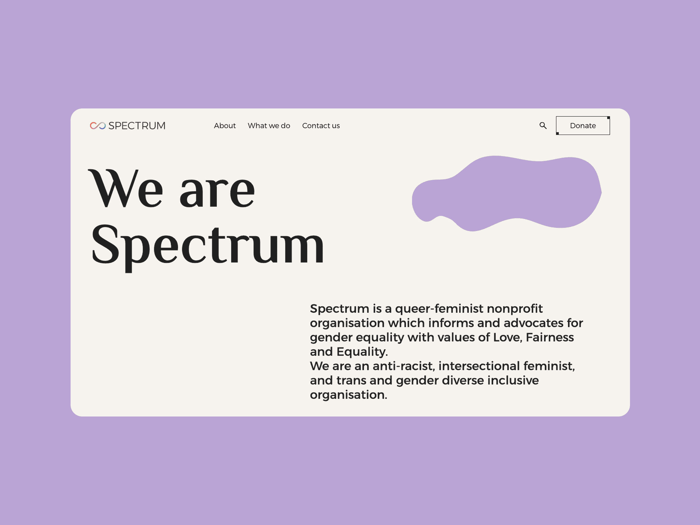 SPECTRUM website homepage showing “We are Spectrum” and a blurb on queer-feminist values: love, fairness, equality, inclusivity.