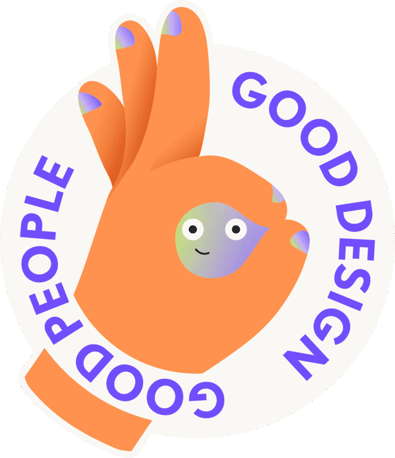 Illustration of an orange hand with painted nails making an OK sign, smiley on palm, “GOOD DESIGN GOOD PEOPLE” Community Impact text.