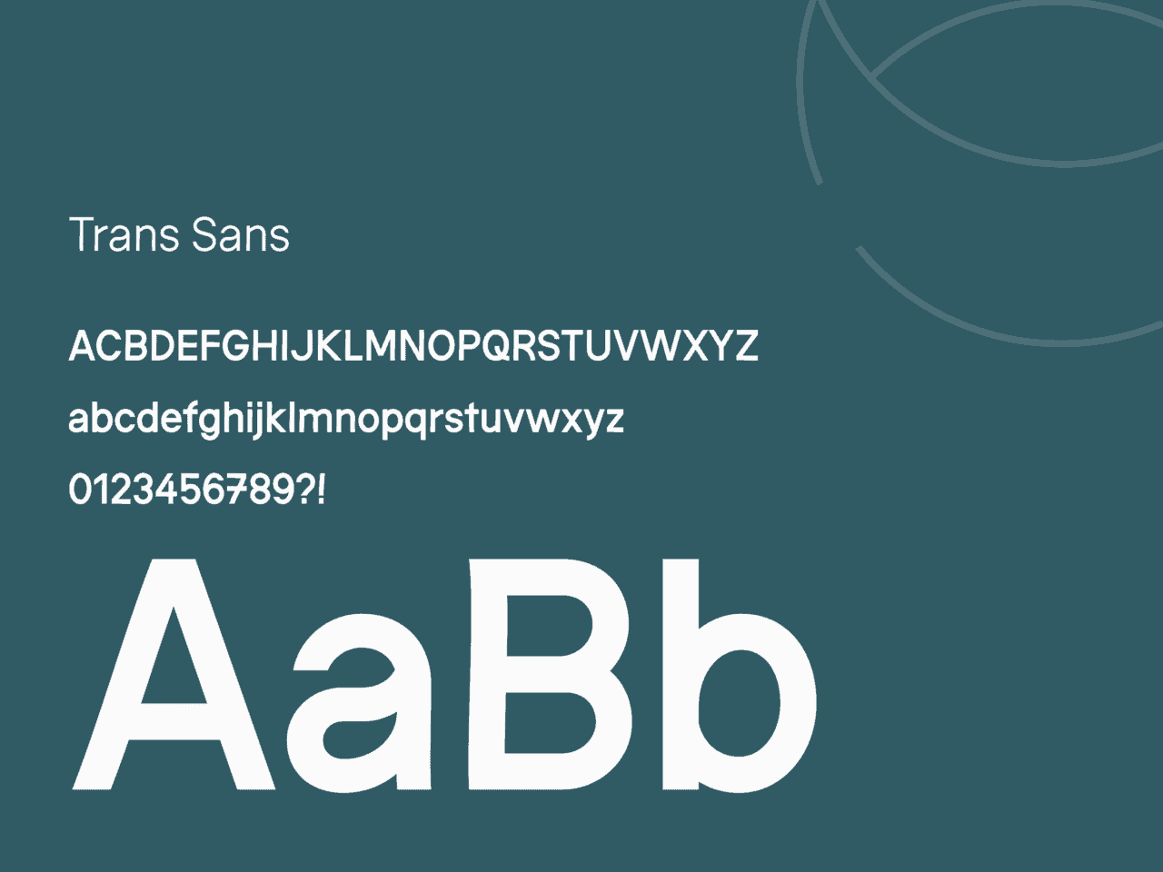 Trans Sans font sample in white on teal, displaying uppercase, lowercase, numbers, symbols, big “Aa” and “Bb”, with abstract corner art.